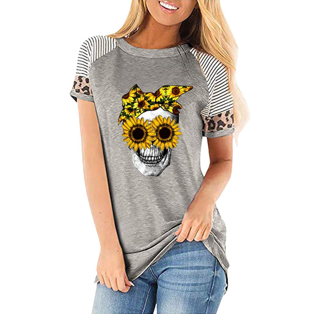 Kamendita Women's Skull Graphic Raglan T-Shirt - Funny Patchwork Short Sleeve Summer Tee - Casual Pullover Blouse for Streetwear, Music Festivals & Everyday Fashion
