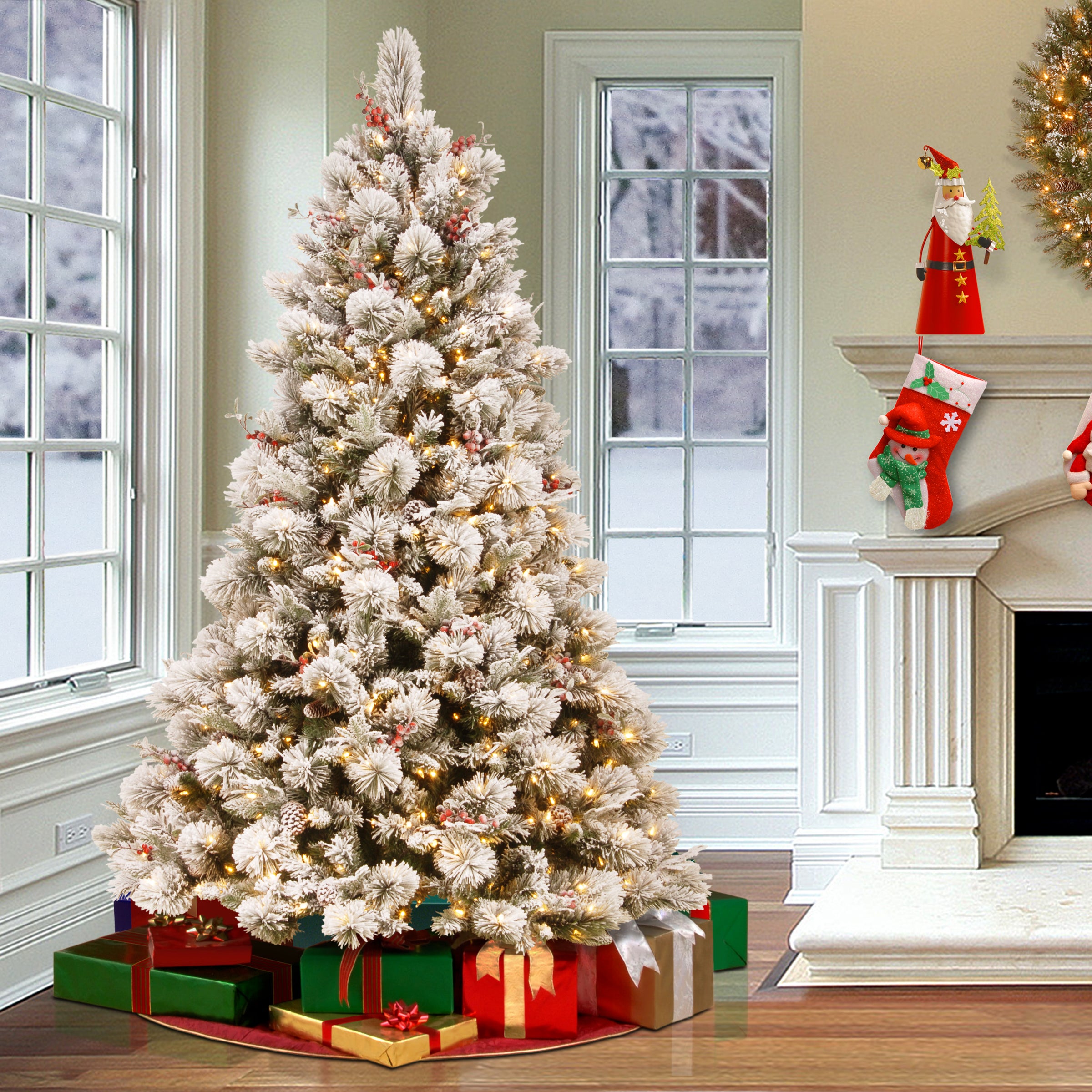 7.5 ft Pre-Lit Artificial Christmas Tree with Clear Lights - Snowy Bedford Pine for Holiday Decor, Home, Office & Party Decorations