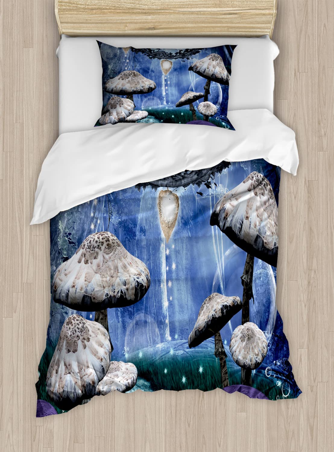 Ambesonne Trippy Duvet Cover Set - King Size 2-Pack with Abstract Dreamlike Forest Night Scenery, Mushrooms, Pixie Dust & Bubbles Design | Includes 2 Duvet Covers & 4 Pillowcases in Blue Violet | Perfect for Psychedelic Bedroom Decor, Fantasy Themed Rooms & Bohemian Style Homes