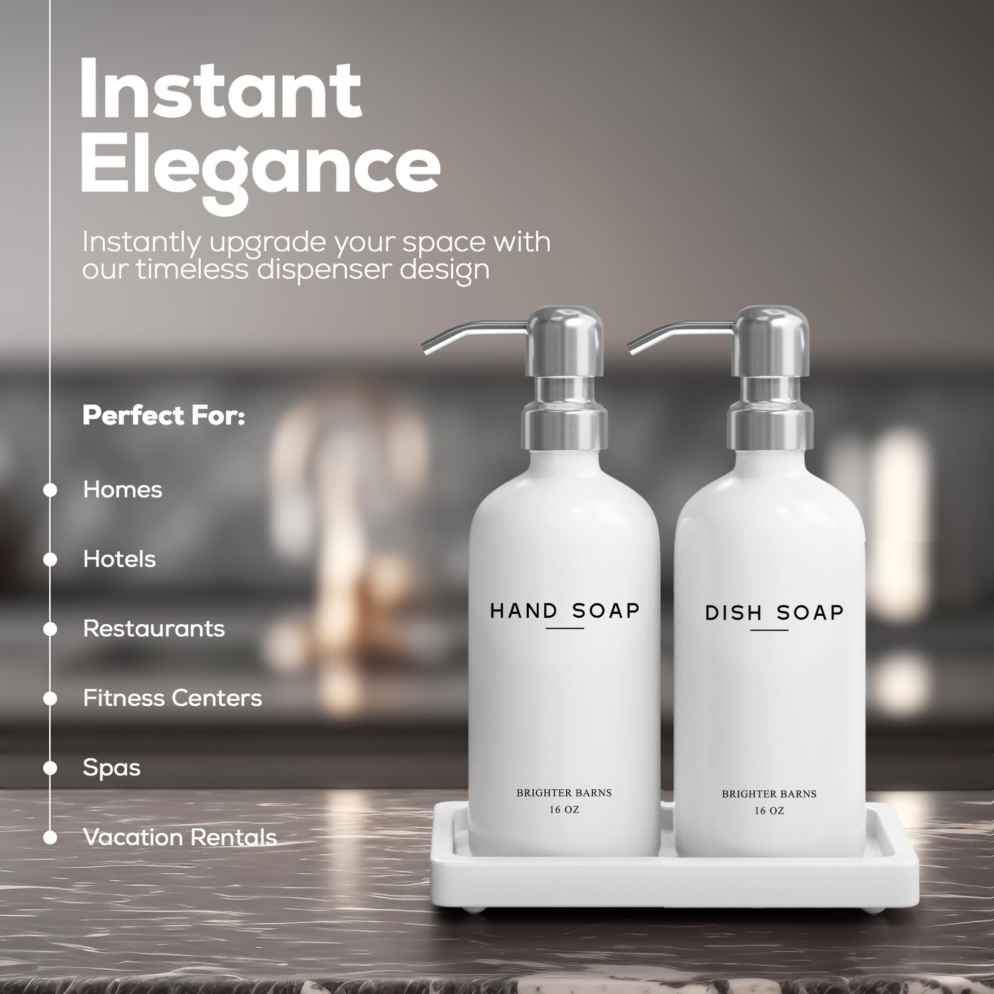 Brighter Barns White Glass Hand & Dish Soap Dispenser Set with Tray - Modern Kitchen Decor for Office, Hotel, Vacation Rental & Airbnb - Elegant Soap Pump for Bathroom, Kitchen Sink & Countertop Organization