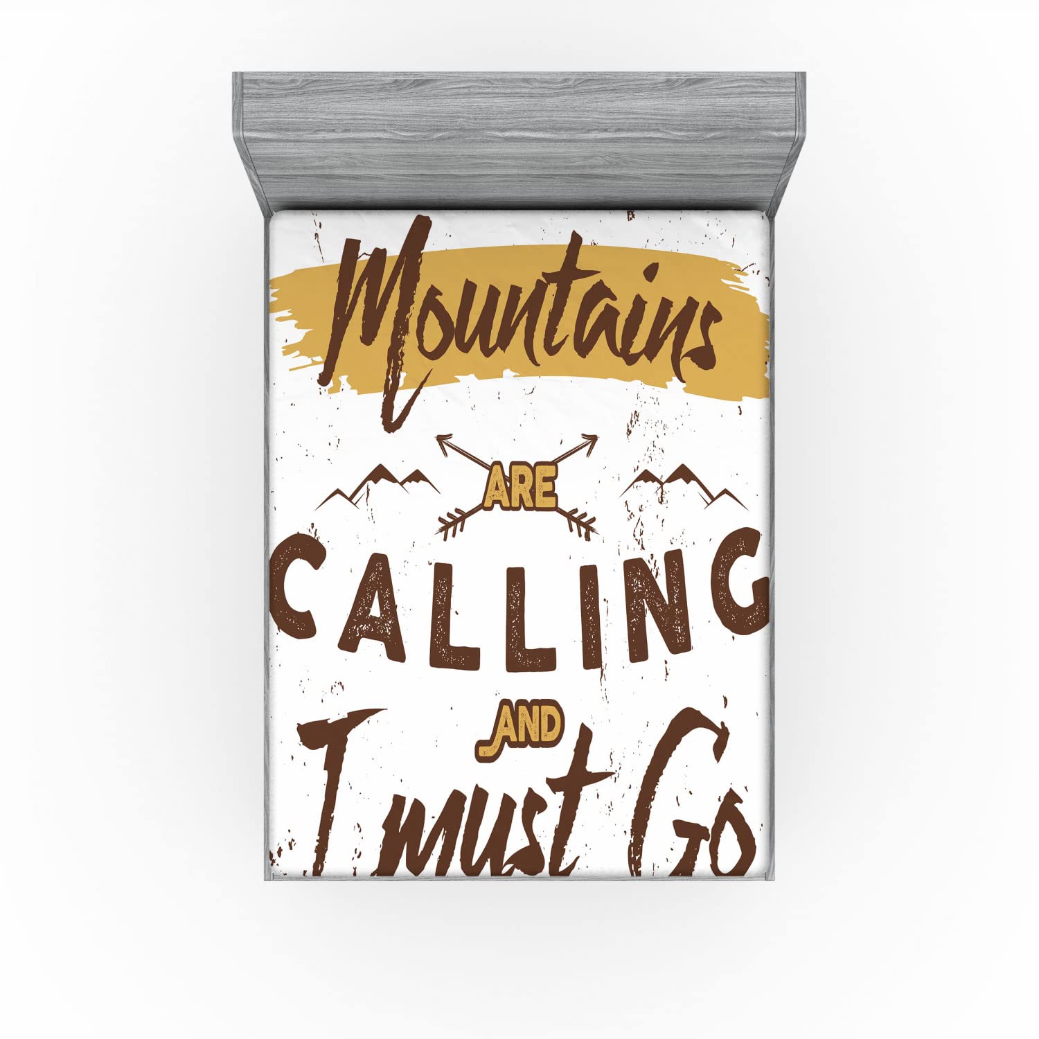 Ambesonne Adventure Queen Size Fitted Sheet - Mountain Travel Inspired Brown Coffee White Bed Cover with Deep Pocket Elastic | Perfect for Camping Enthusiasts & Outdoor Themed Bedrooms