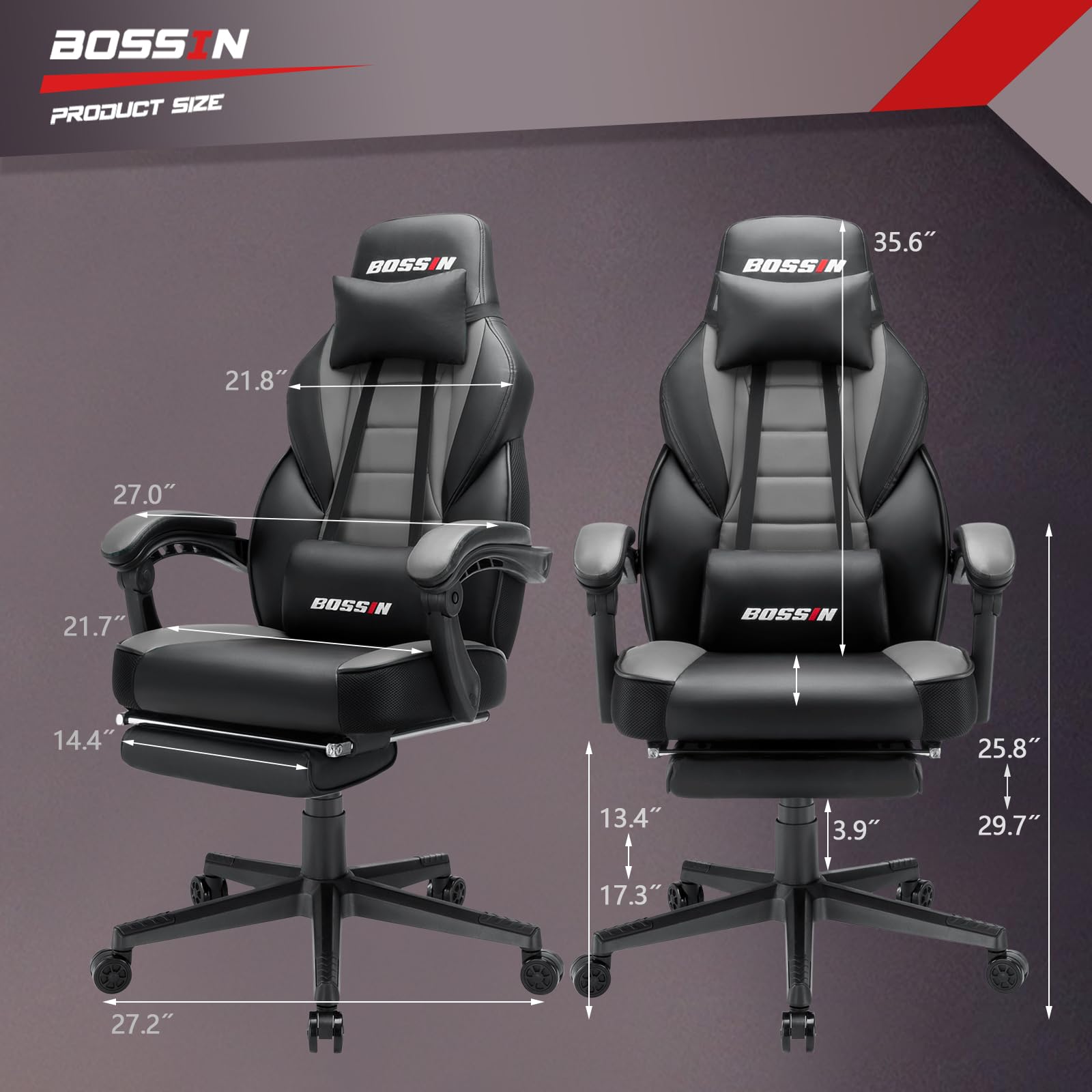 BOSSIN Ergonomic Gaming Chair with Massage & Footrest - Heavy Duty High Back Office Chair with Lumbar Support & Large Cushion for Big & Tall Adults - Perfect for Home Office, Gaming Setup, and Streaming Studios