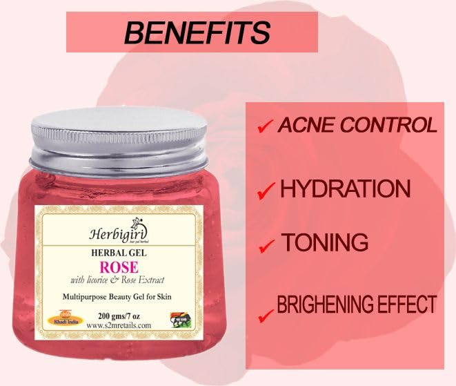 Herbigiri Herbal Rose Moisturizing Face Gel with Aloe Vera, Licorice & Cucumber Extract - 200g Natural Hydrating Skin Care for Dry & Sensitive Skin | Daily Moisturizer for Glowing Complexion | Perfect for Morning & Night Routine
