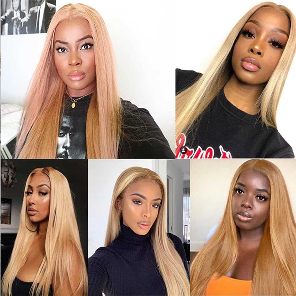 Honey Blonde 13×4 Lace Front Wig Brazilian Straight Human Hair - Pre Plucked with Baby Hair for Black Women | 20 Inch T-Part Lace Wig | Perfect for Daily Wear, Parties & Special Occasions