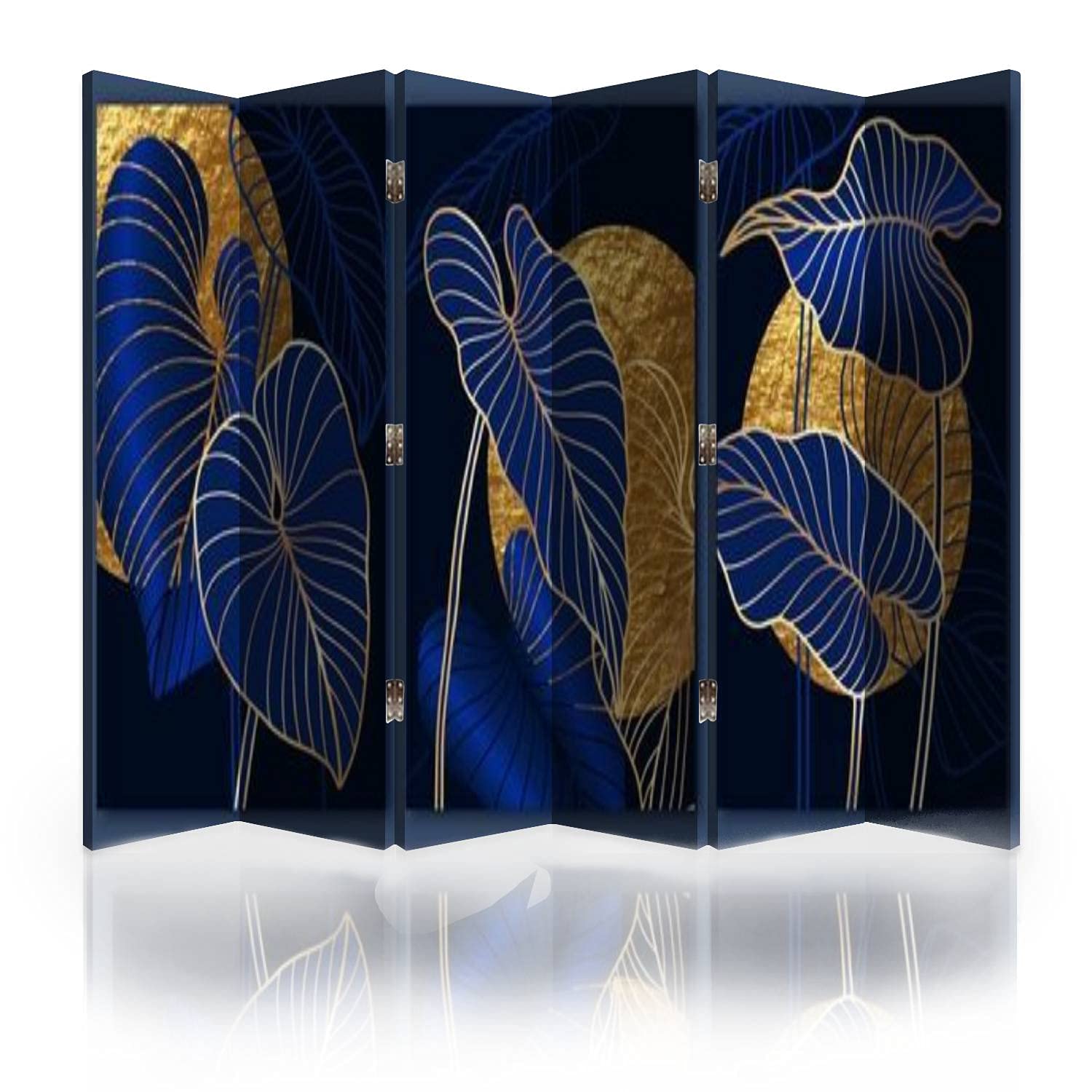 Luxury 6-Panel Canvas Room Divider Screen with Dark Blue & Gold Texture - Golden Sun Moon Design - Folding Privacy Partition for Bedroom, Office & Living Room Separator