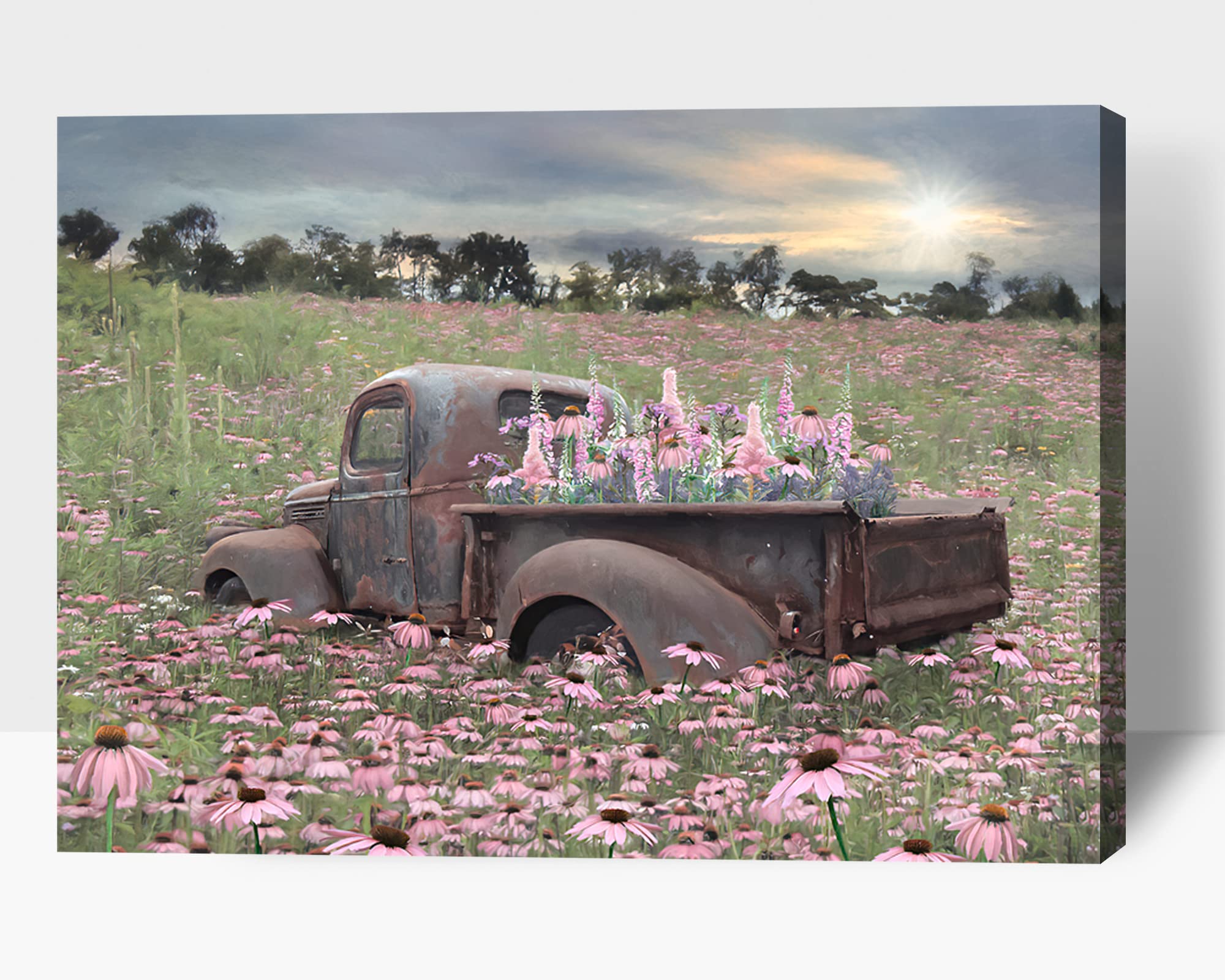 TIMUBA Farmhouse Truck Flowers Canvas Wall Art - Vintage Floral Truck Painting, Framed Canvas Prints for Living Room & Bedroom Decor (28x40 Inches) | Rustic Wall Art for Home, Office & Gift Giving