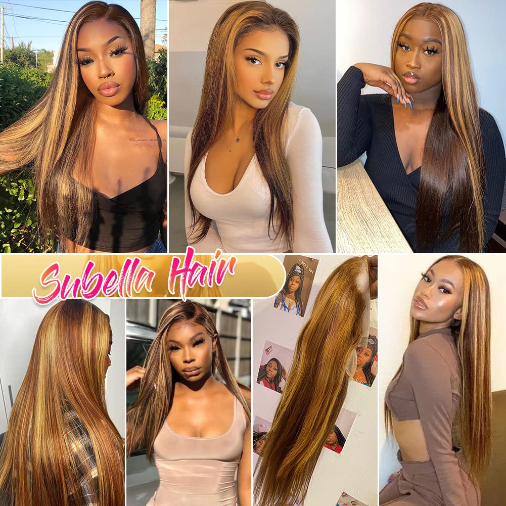 Subella HD Transparent Highlight Lace Front Wigs 180% Density Brazilian Human Hair - 4/27 Straight Pre Plucked Hairline with Baby Hair for Black Women (24 Inch) | Perfect for Daily Wear, Parties & Special Occasions