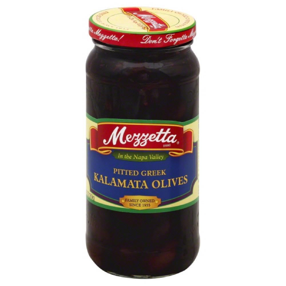 Mezzetta Kalamata Pitted Olives 9.5 oz - Premium Greek Olives for Salads, Charcuterie Boards & Mediterranean Recipes