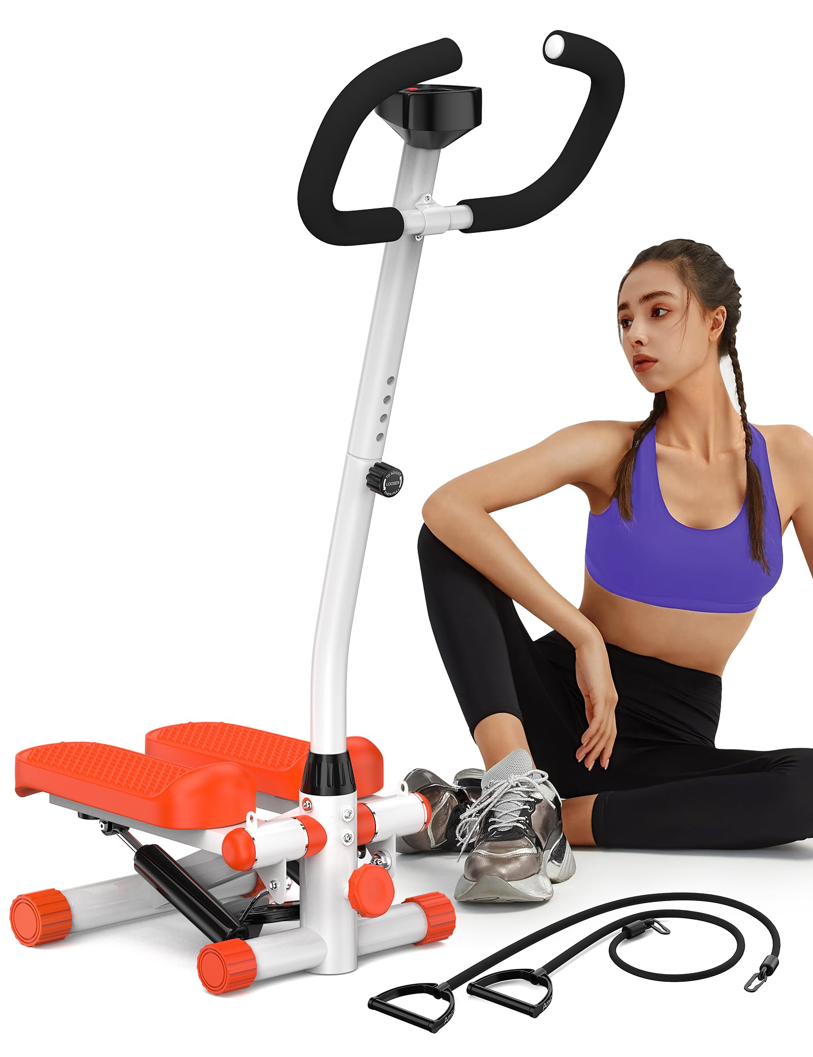 Amicus Mini Stepper with Handlebar - Adjustable Height Hydraulic Stair Climber with Resistance Bands for Home Workouts - Supports 330lbs - Perfect for Cardio, Leg Toning & Indoor Fitness Training