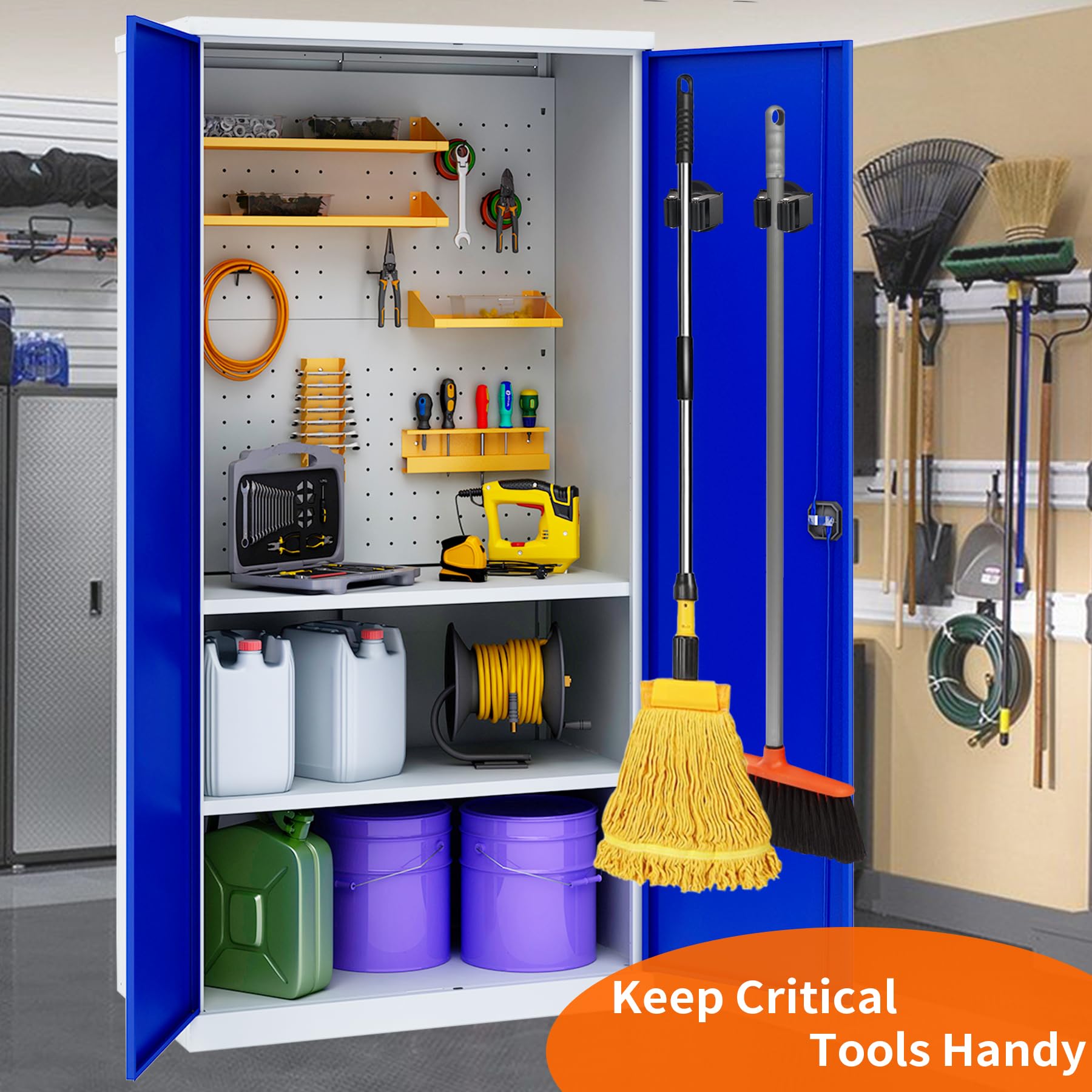 2-Pack Heavy Duty Magnetic Broom Holder for Garage Tools - Strong Wall Mount Mop & Broom Organizer with 1.69