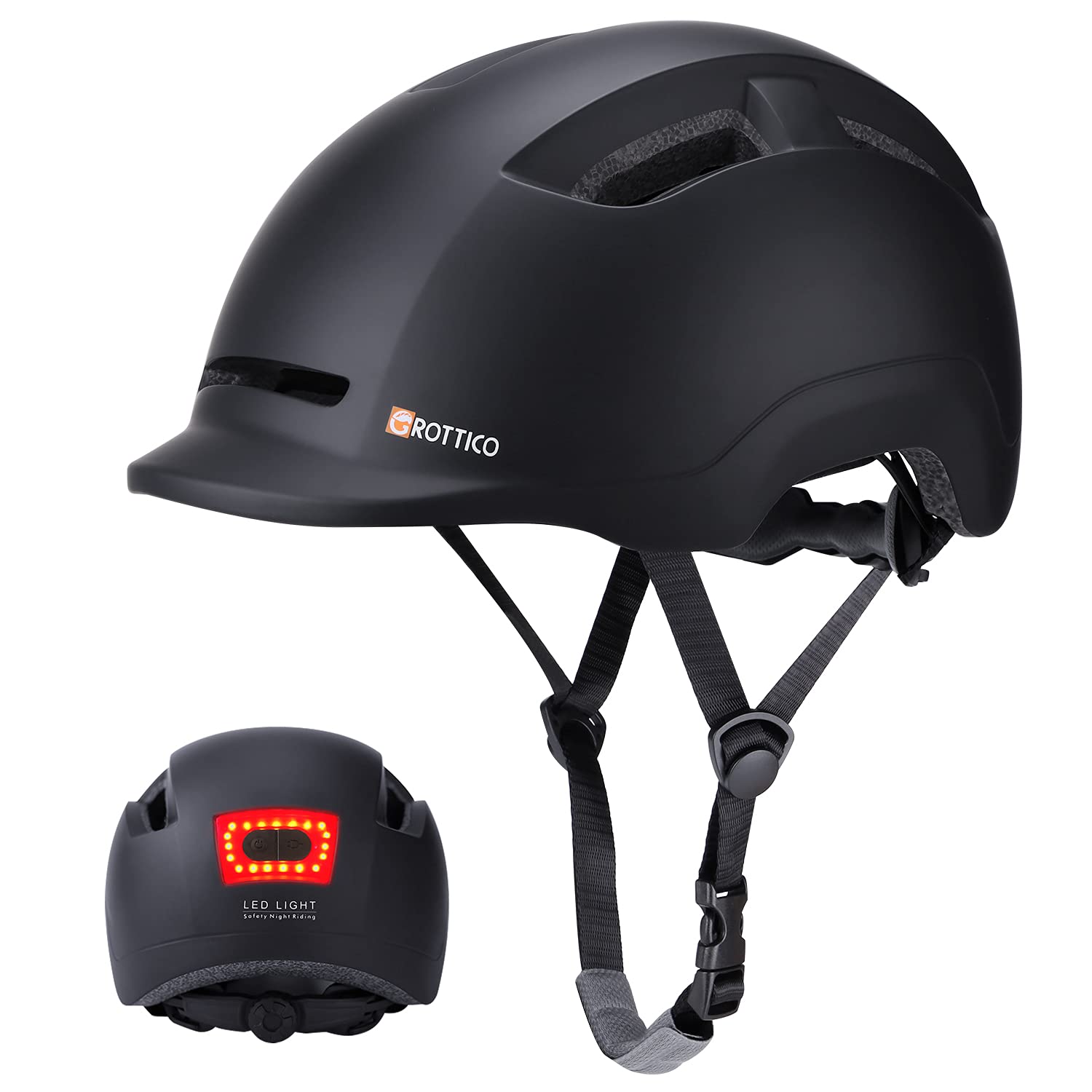 GROTTICO Adult Bike Helmet with LED Light - CPSC & CE Certified for Bicycle, Scooter, Skateboard, Road Cycling & Skating - Perfect for Commuting, Urban Riding & Outdoor Sports Safety