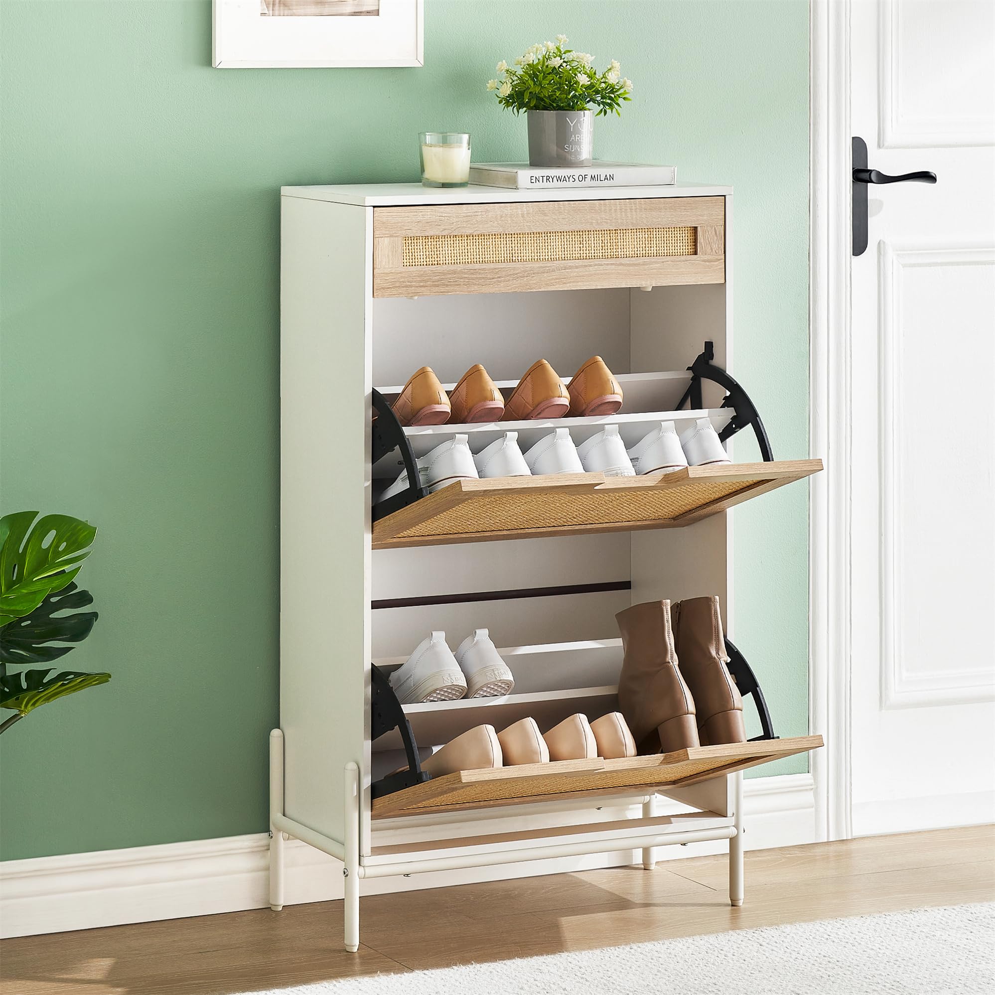 IDEALHOUSE Natural Rattan 2-Door Shoe Cabinet with Drawer - Freestanding Shoe Storage Organizer for Entryway, 3-Tier Adjustable Shelves - Perfect for Slippers, Sneakers, Heels & Boots | Ideal for Small Spaces, Apartments & Closet Organization