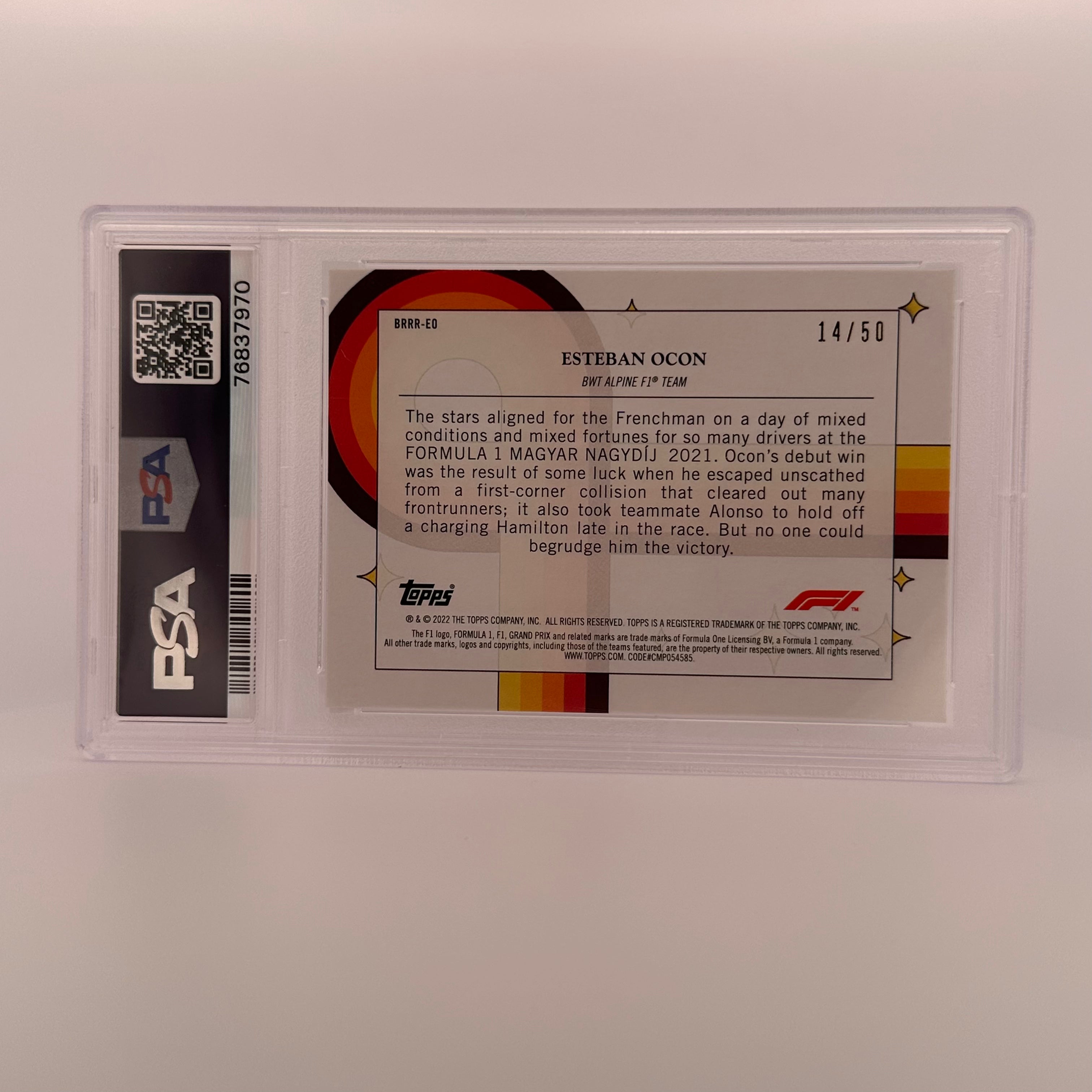 PSA 8 Esteban Ocon #BRRREO Bounce Rock Race Roll Gold - 14/50 Limited Edition Trading Card for Collectors & Racing Fans - Perfect for Display, Gifts, and Investment