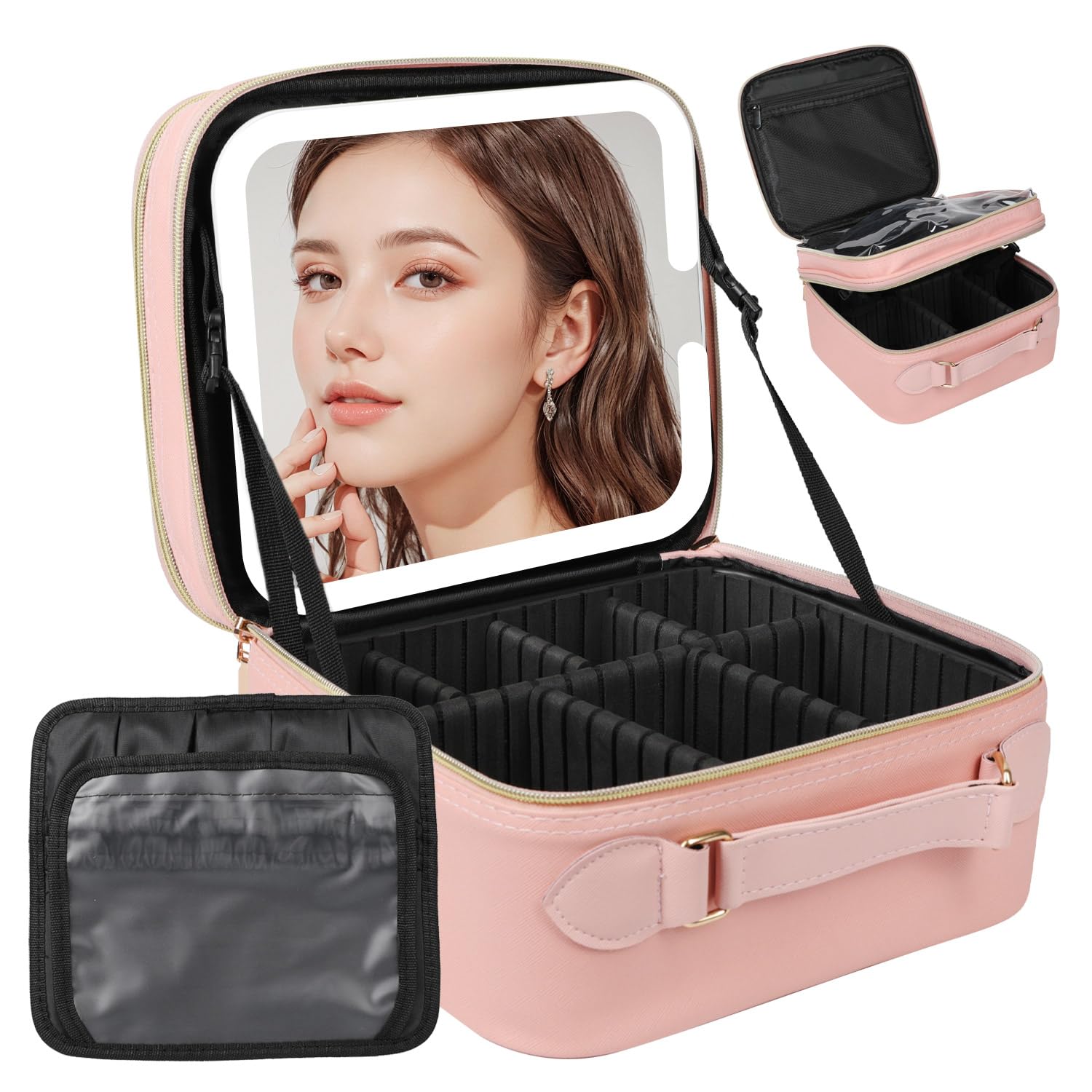 Travel Makeup Bag with LED Mirror - Double Layer Cosmetic Organizer with Detachable Vanity Mirror, Tri-Light Dimmable Settings, Adjustable Dividers & Brush Holder - Perfect for Home, Travel & Professional Makeup Artists