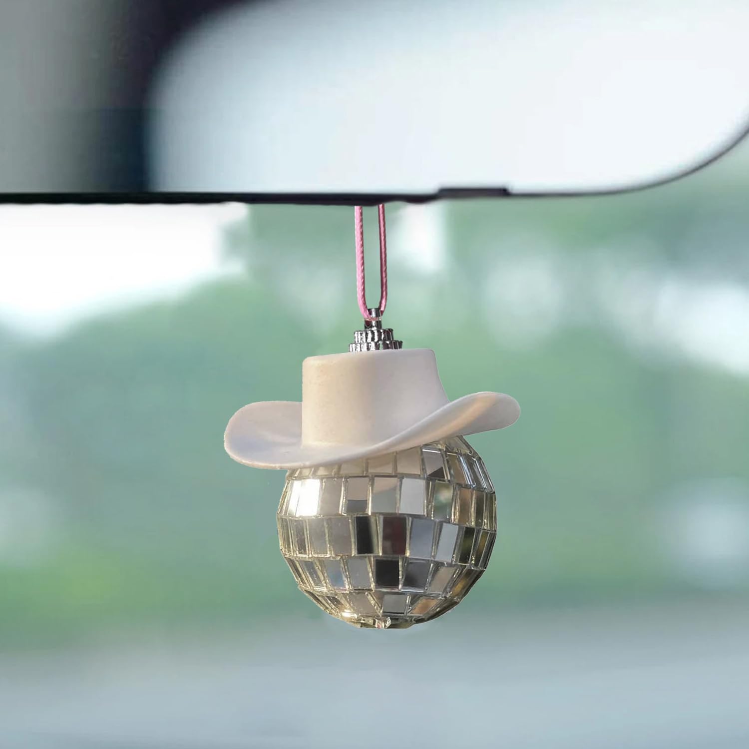 Disco Ball Car Mirror Hanging Ornament - Sparkling Cowboy Hat Car Charm Accessory for Party & Fun Ride Decor (White) | Perfect for Birthday Celebrations, Road Trips & Night Cruises