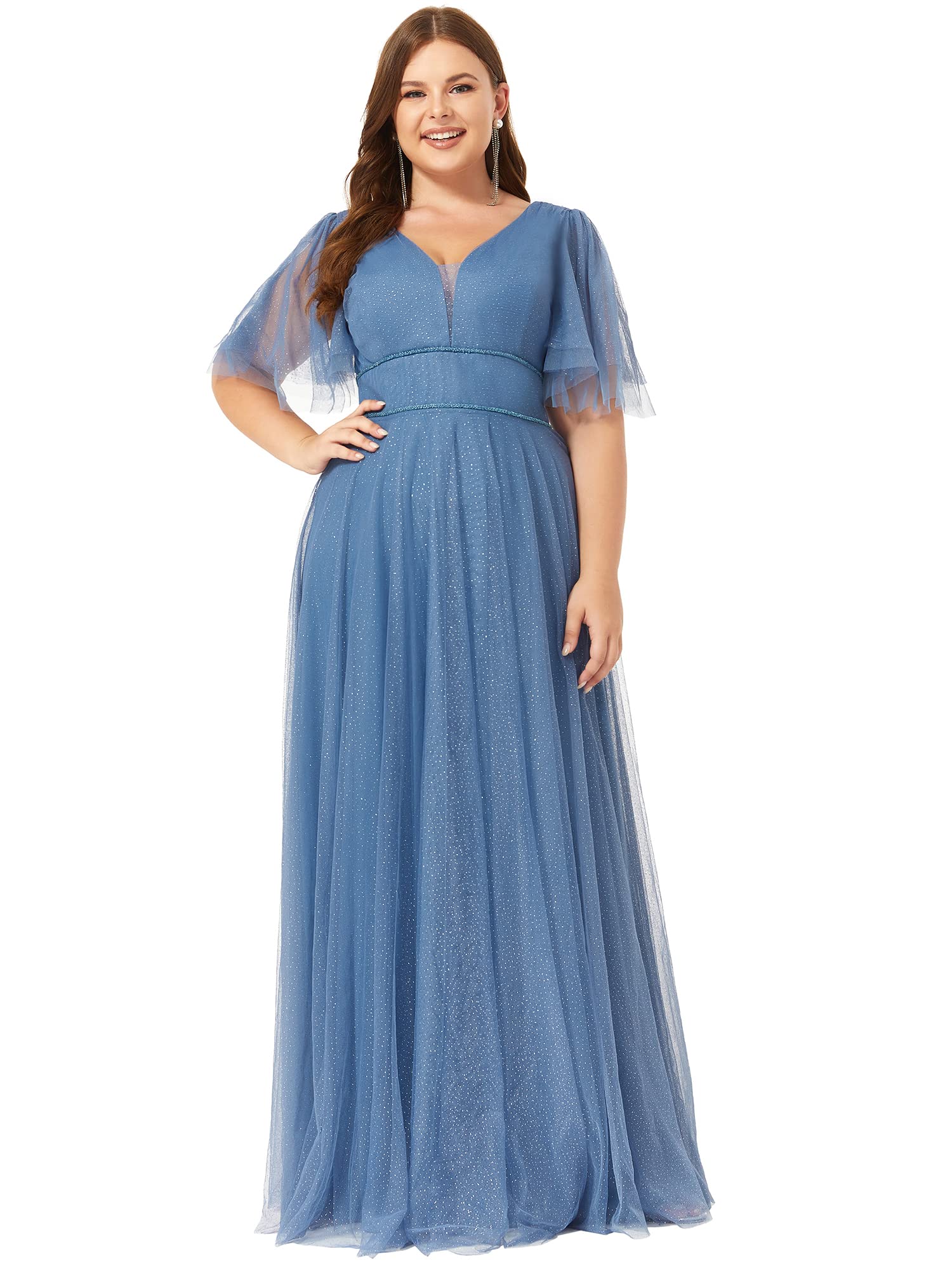 Ever-Pretty Plus Size Women's Illusion Short Sleeve Tulle Wedding Guest Dress 00278 | Elegant Formal Party Gown for Bridesmaid, Evening Reception & Special Occasions