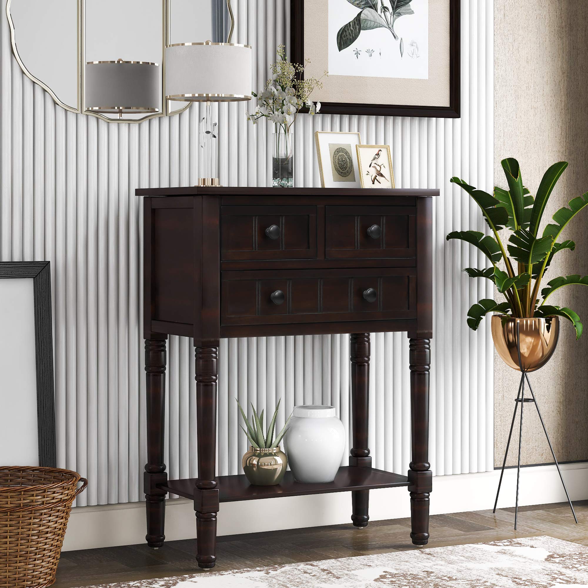 Knocbel Antique Solid Wood Entry Console Table with Drawers & Open Shelf - Slim Sofa Couch Table for Hallway, Living Room & Entryway - Perfect for Home Decor & Small Space Organization (Espresso Finish)