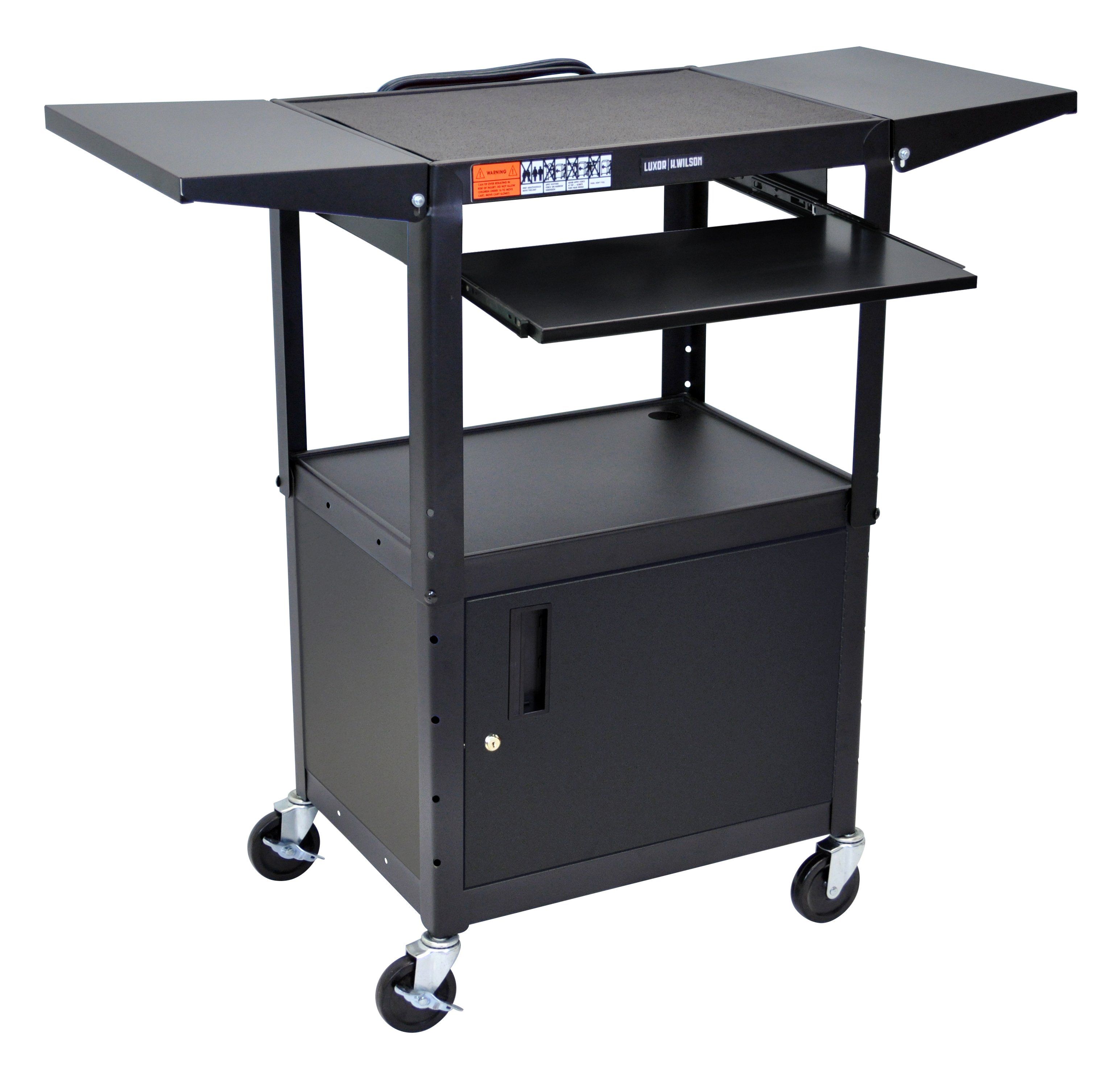 Luxor Adjustable Height Black Metal AV Cart with Pullout Keyboard Tray, Cabinet & 2 Drop Leaf Shelves - Perfect for Home Office, Classroom, and Conference Room Organization
