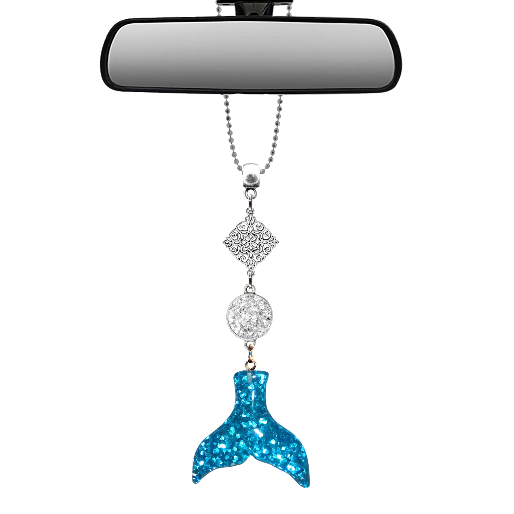 Handmade Bling Mirror Car Charm Hanger - Adjustable Chain Dream Catcher Ornament in Silver & Blue Glitter (Mermaid Style) | Perfect for Car Decor, Rearview Mirror Accessories & Gift Giving