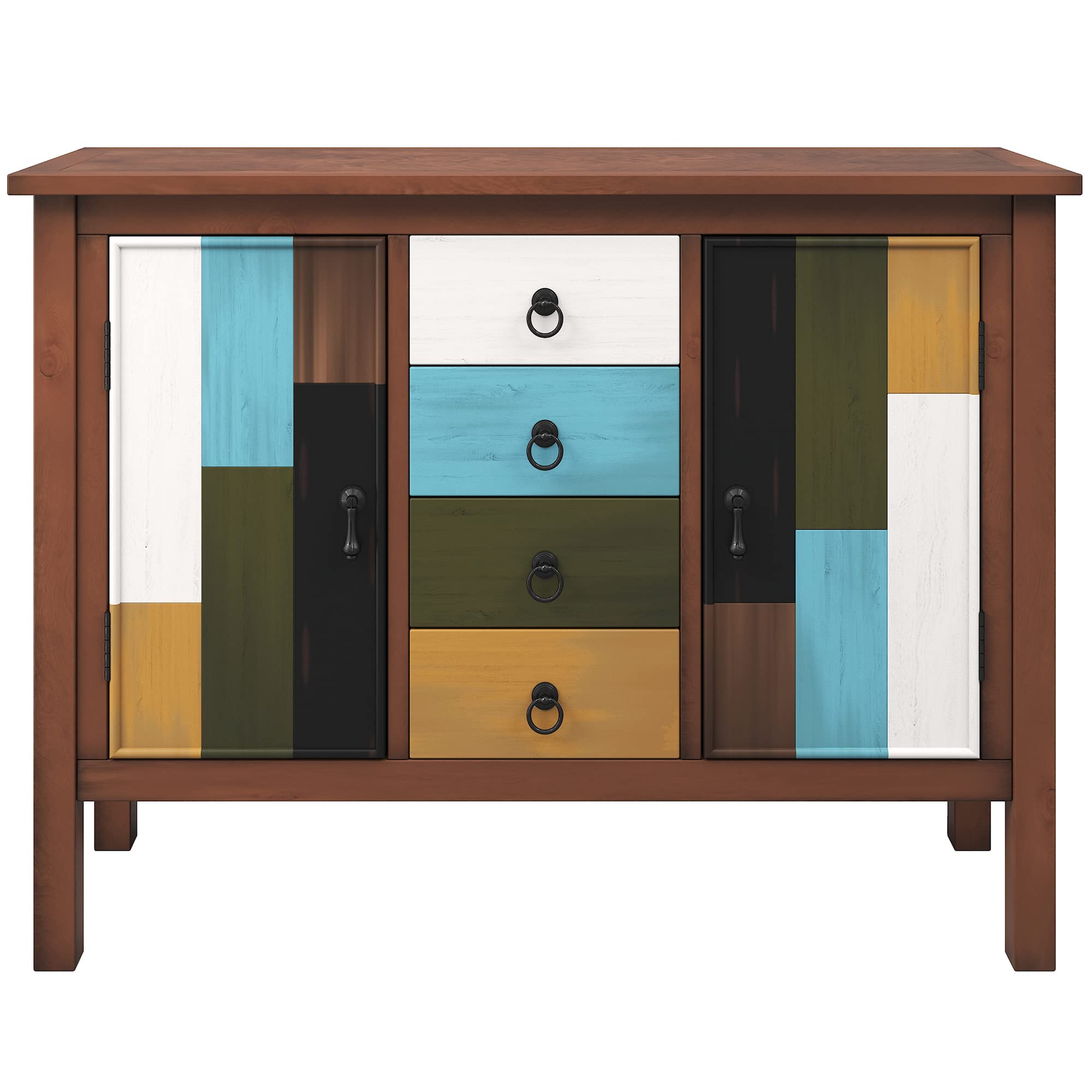Brown Pine Wood & MDF 4-Drawer 2-Cabinet Storage Organizer - Vintage Style Home Office Furniture for Bedroom, Living Room & Entryway Storage