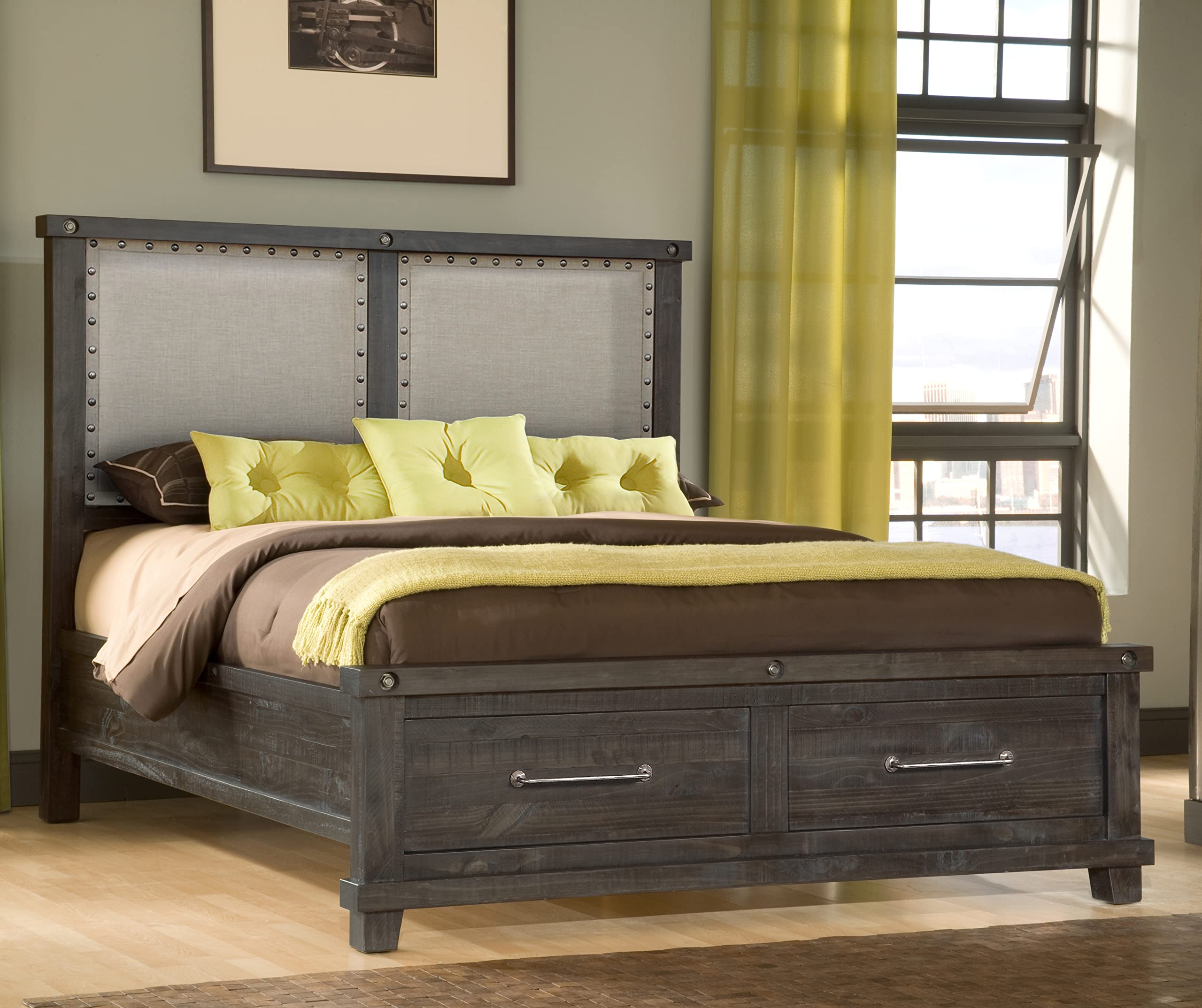 Modus Furniture Solid Wood Nailhead Footboard King Size Storage Bed with Drawers - Yosemite Cafe Finish for Master Bedroom & Guest Room