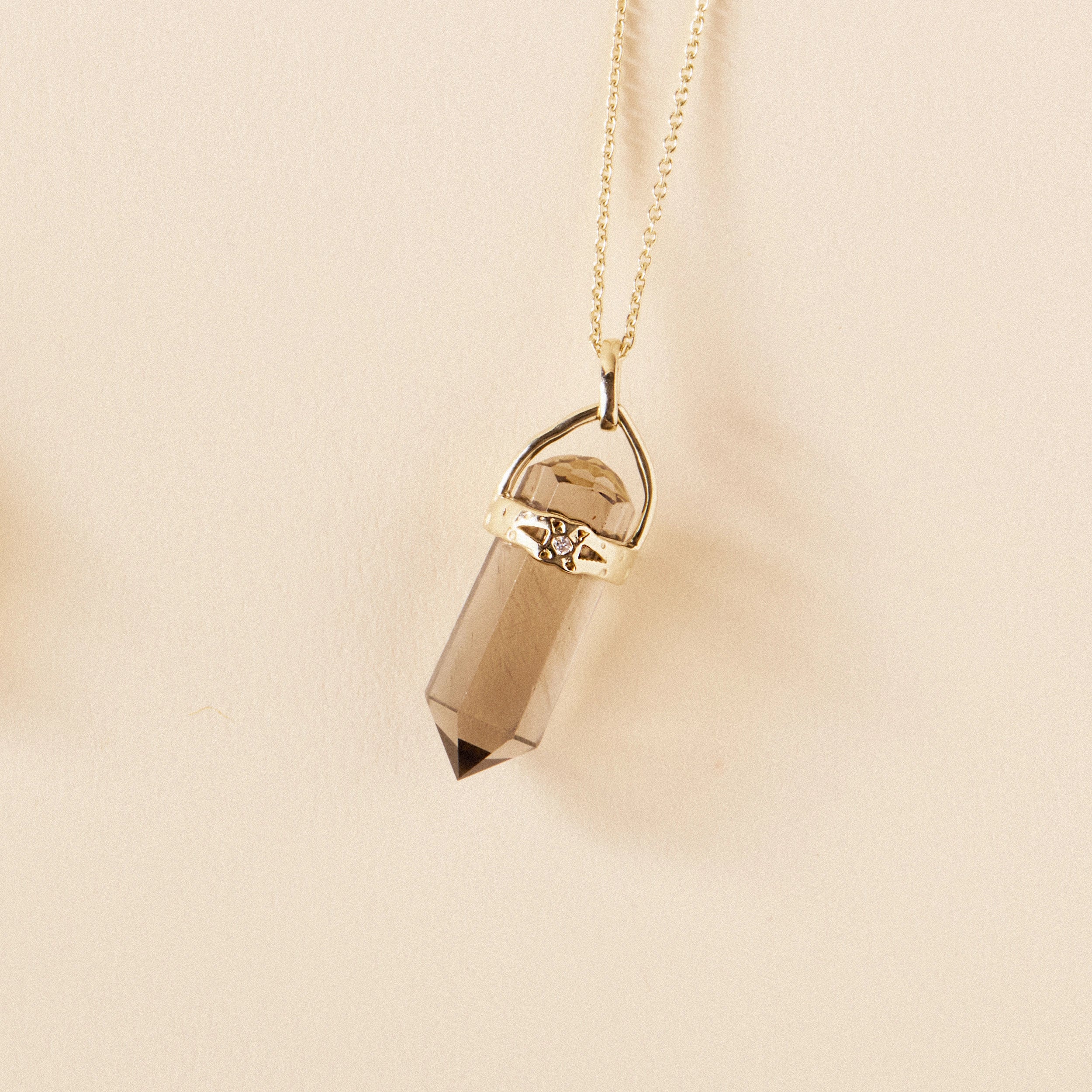 10K Yellow Gold Smoky Quartz Amulet with White Sapphire - Elegant Jewelry for Women, Perfect for Gifts, Weddings & Special Occasions