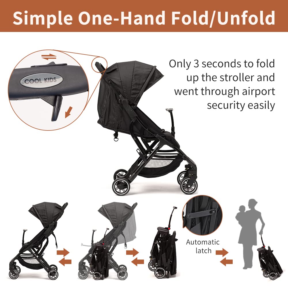 COOL KIDS Lightweight Automatic Fold Travel Stroller with Pop-Out Sun Canopy - Compact Umbrella Stroller for Toddlers, Perfect for Airplane, Shopping & Daily Outings (Black)
