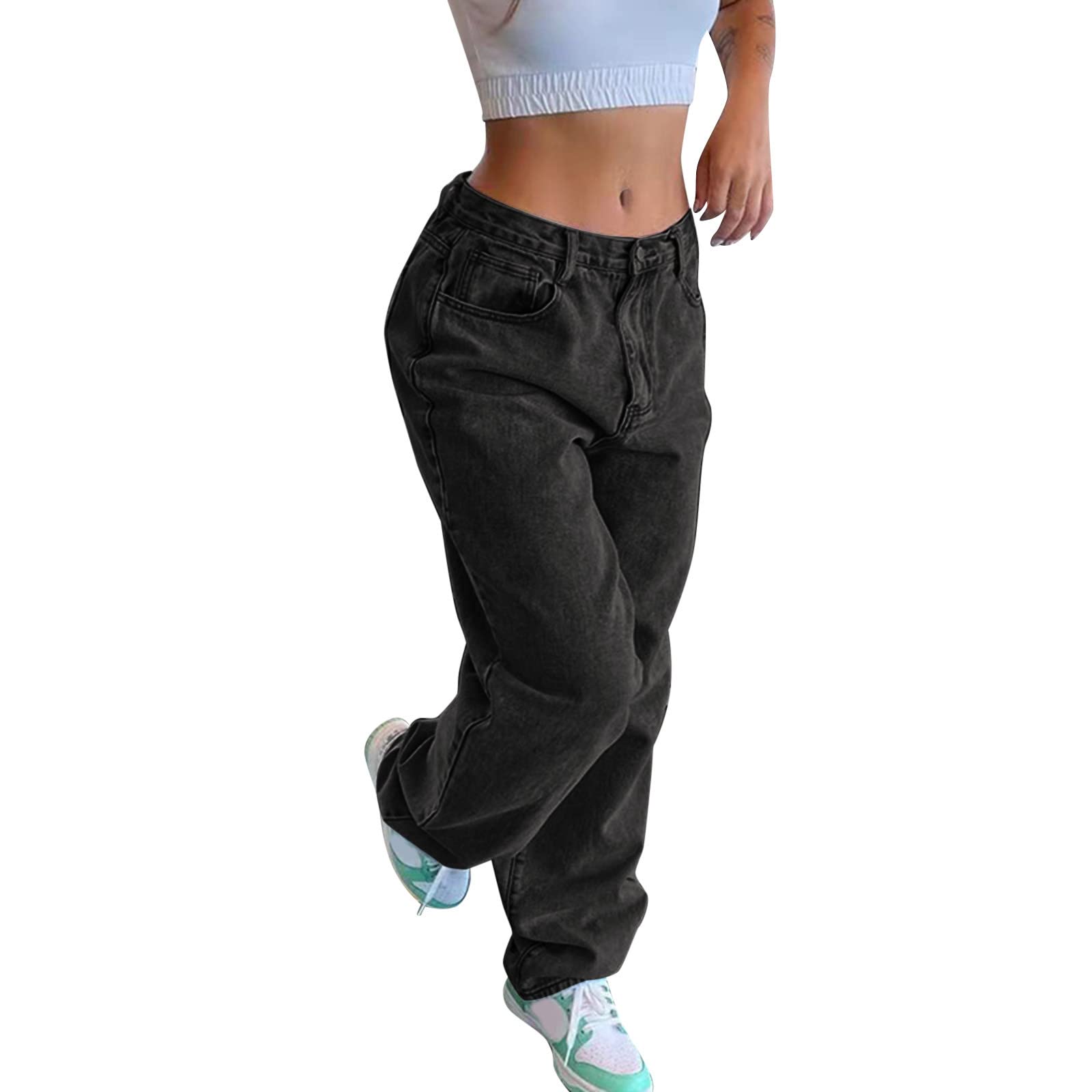Gsheocm Women's High Waist Linen Dungaree Jeans - Straight Leg Wide Leg Overalls with Vest in Black | Casual Workwear & Summer Fashion Outfit