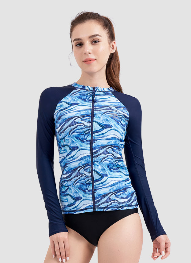 UPF 50+ Marbling Print Long Sleeve Zip-Up Rash Guard for Men Women - Sun Protection Swim Shirt for Surfing, Swimming & Outdoor Water Sports