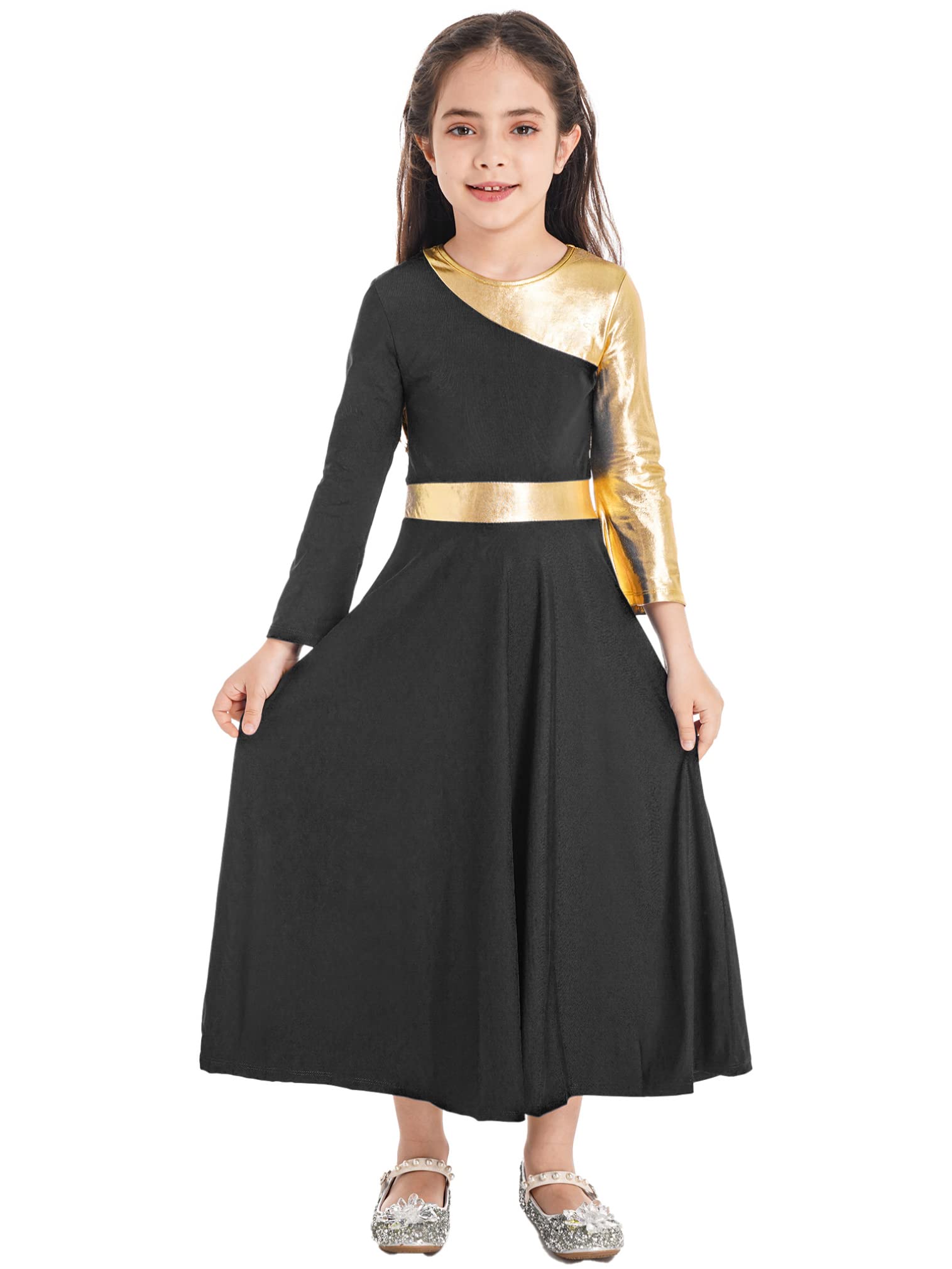 Easyforever Girls' Metallic Gold Color Block Praise Dance Dress - Christian Worship & Lyrical Dancewear Tunic - Perfect for Church Performances, Recitals & Special Events