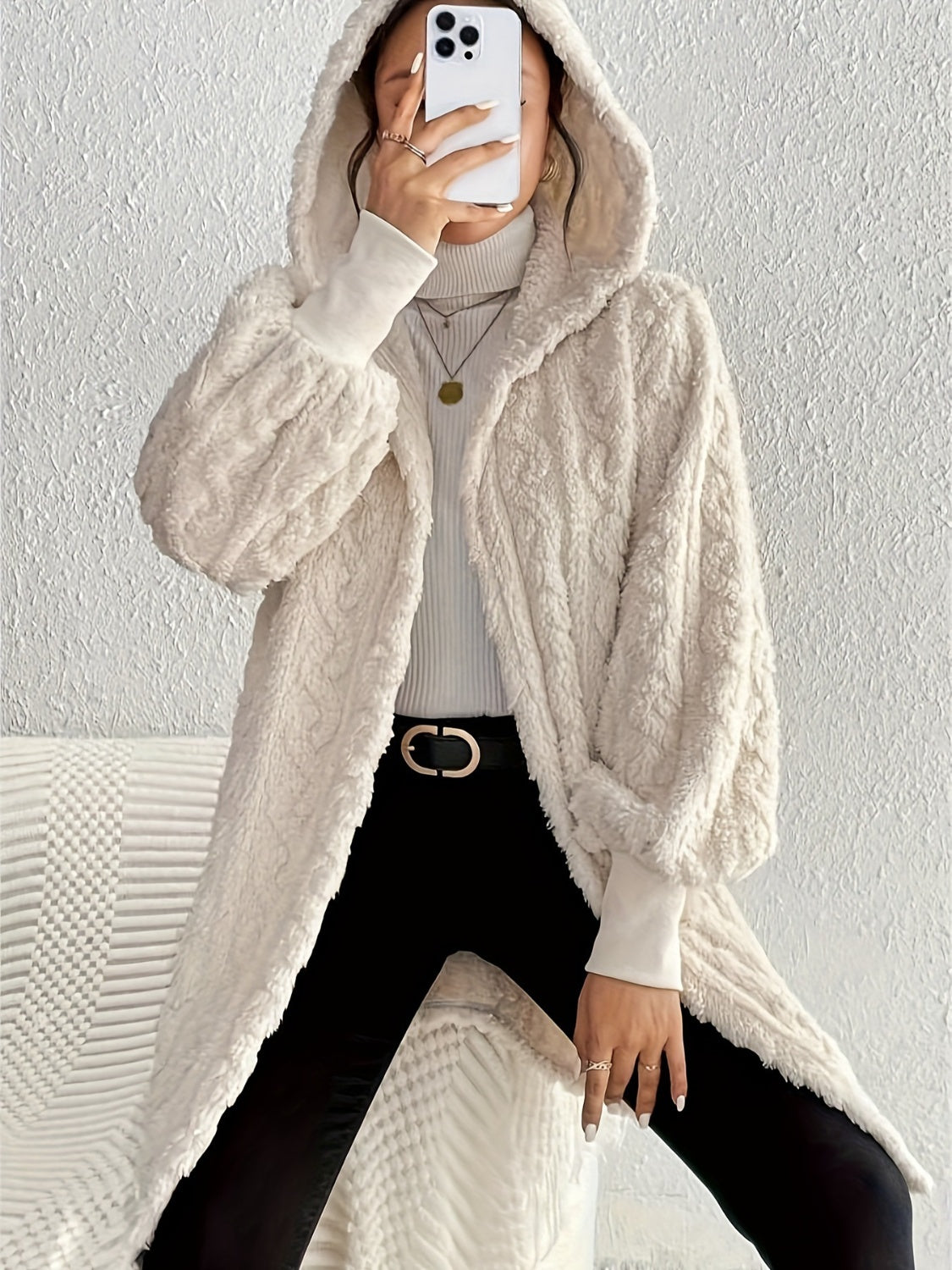 Open Front Long Sleeve Fuzzy Hooded Jacket - Cozy Winter Outerwear for Women | Perfect for Casual Outings, Lounge Wear & Cold Weather Fashion