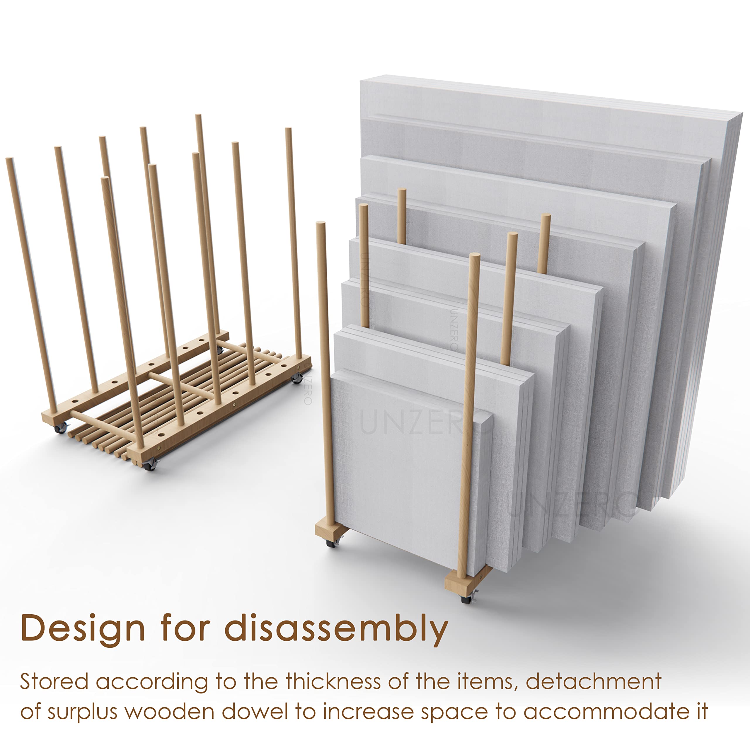 Wooden Art Storage Rack with 4 Caster Wheels - Heavy Duty Organizer for Canvas Boards, Panels, Frames & Drawing Boards - Perfect for Artists, Studios & Classrooms