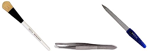 Vega Face Pack Brush, Square Tip Tweezer & Small Nail File Set - 3 Piece Beauty Tools Kit for Facial Mask Application, Eyebrow Shaping & Nail Care - Perfect for Home Spa & Salon Use