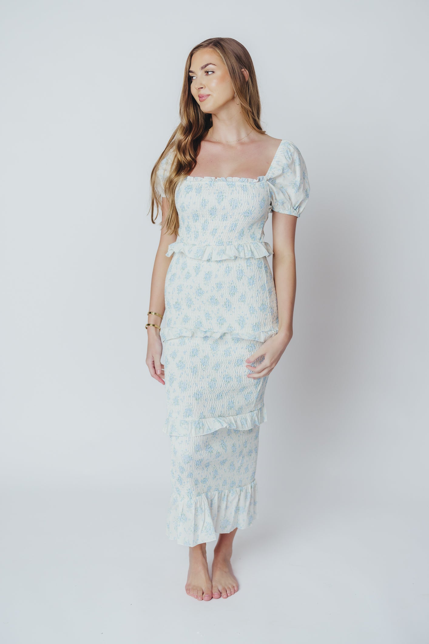 Ada Smocked Dress in Blue Floral - Bump Friendly Maternity Dress with Inclusive Sizing (S-3XL) | Perfect for Baby Showers, Bridal Events & Summer Weddings