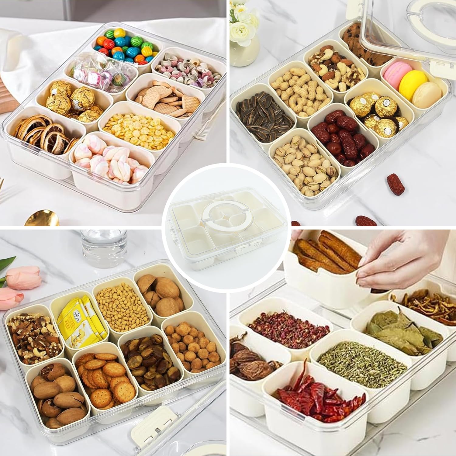 8-Compartment Snackle Box Container with Lid & Handle - Divided Serving Tray for Candy, Fruit, Snacks - Perfect for Parties, Picnics, School Lunches & Outdoor Gatherings