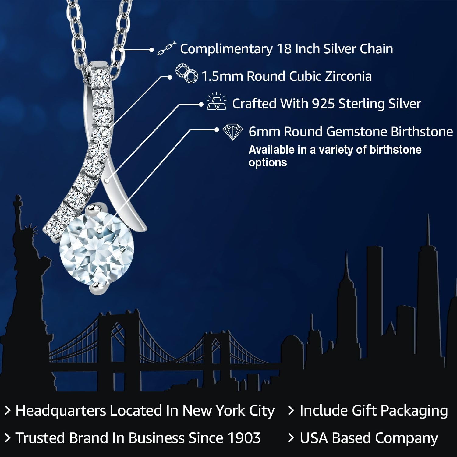 Gem Stone King 925 Sterling Silver 6MM Round Birthstone Pendant Necklace for Women - 18 Inch Chain - Perfect Gift for Birthday, Anniversary & Mother's Day