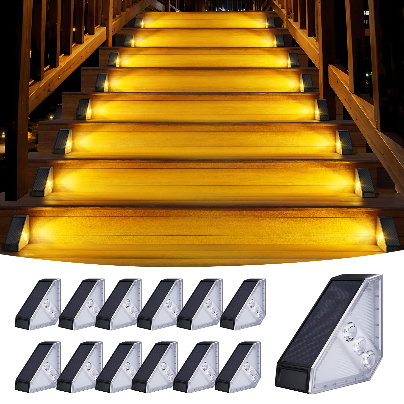 KINKAI 12 Pack Solar Step Lights Outdoor - Waterproof Triangle Solar Stair Lights for Deck, Garden, Front Door, Porch (Warm White) | Perfect for Pathway, Patio, Yard & Staircase Lighting at Night