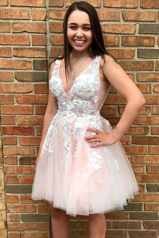 Elegant A-Line Pink Tulle Homecoming Dress with Floral Applique - Short Party Dress 2327 for Prom, Sweet 16 & Special Occasions