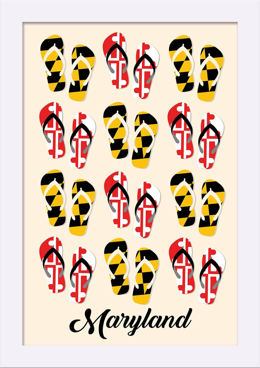 Maryland Flag Pattern Flip Flops - 12x18 Inch Giclee Fine Art Print with Recycled Wood Frame in White - Perfect for Beach House Decor, Patriotic Home Office & Coastal Living Room Wall Art