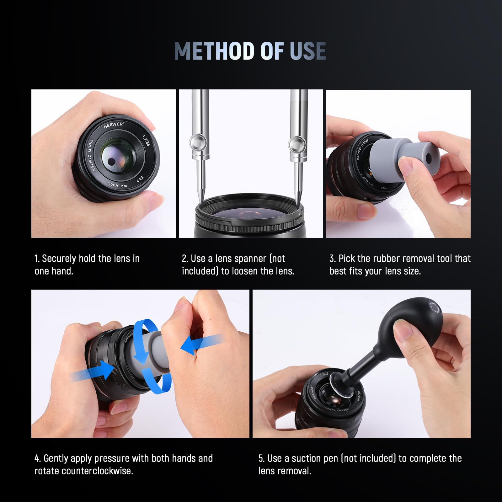 NEEWER DSLR Camera Lens Repair Tool Kit - 9pcs Silicone Lens Removal Rings & 8-85mm Camcorder Calibration Tool with Friction Wrench for Professional Photographers - Perfect for Lens Maintenance, Cleaning and DIY Repairs