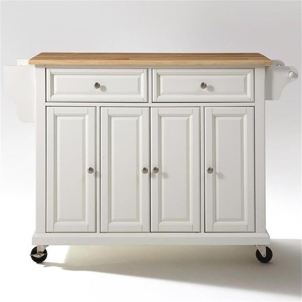 Crosley White Wood Top Rolling Kitchen Island Cart with Storage - Microwave Stand & Spice Rack - Perfect for Small Kitchens, Pantry Organization & Extra Counter Space