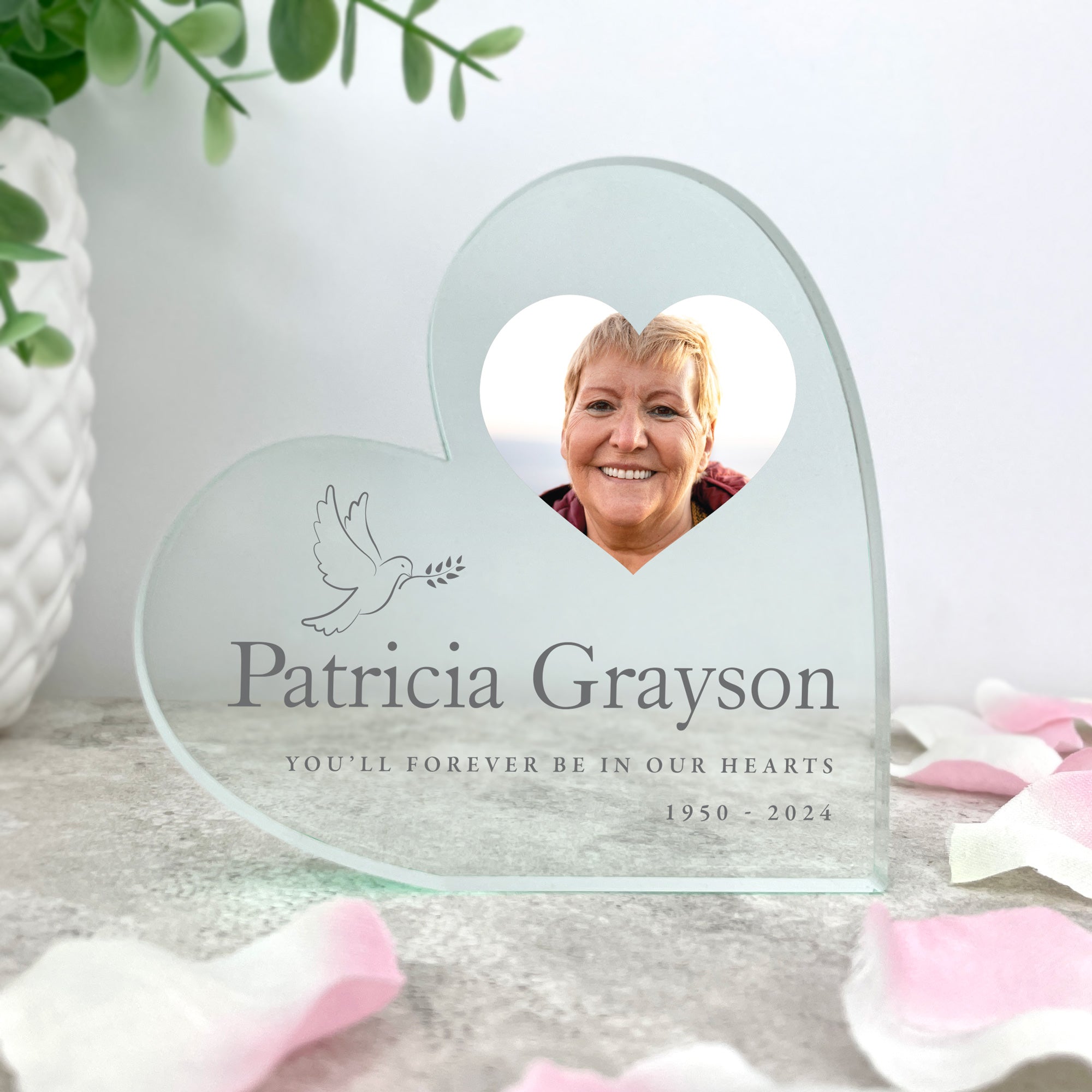 Personalized Memorial Photo Acrylic Heart Keepsake - Custom Engraved Dove Design - Perfect for Remembrance, Sympathy Gifts & Home Decor