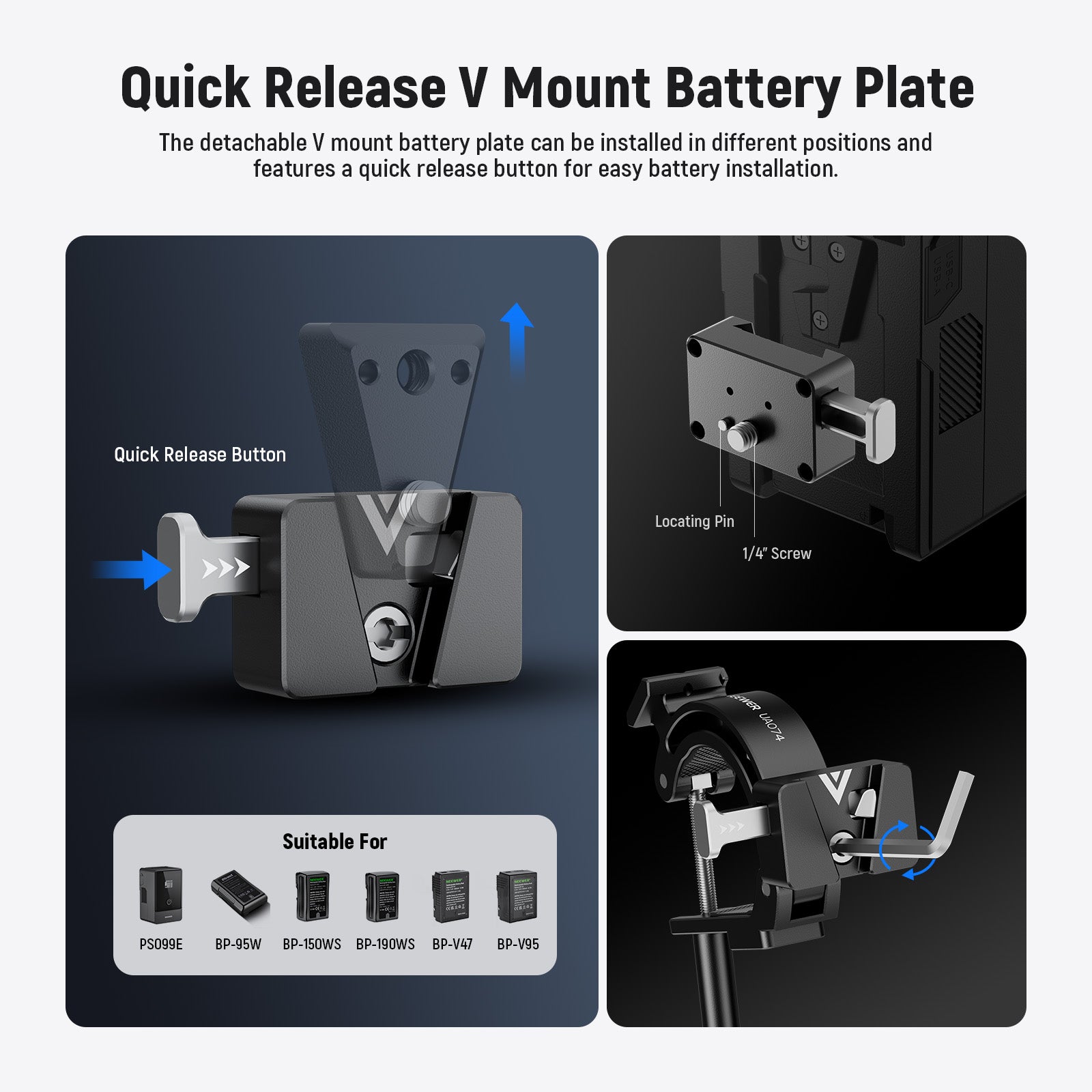 NEEWER UA074 Super Clamp Tripod Mount with V Mount Battery Plate - Secure Camera & Light Mounting for Photography & Videography - Perfect for DSLR, LED Lights & Studio Equipment