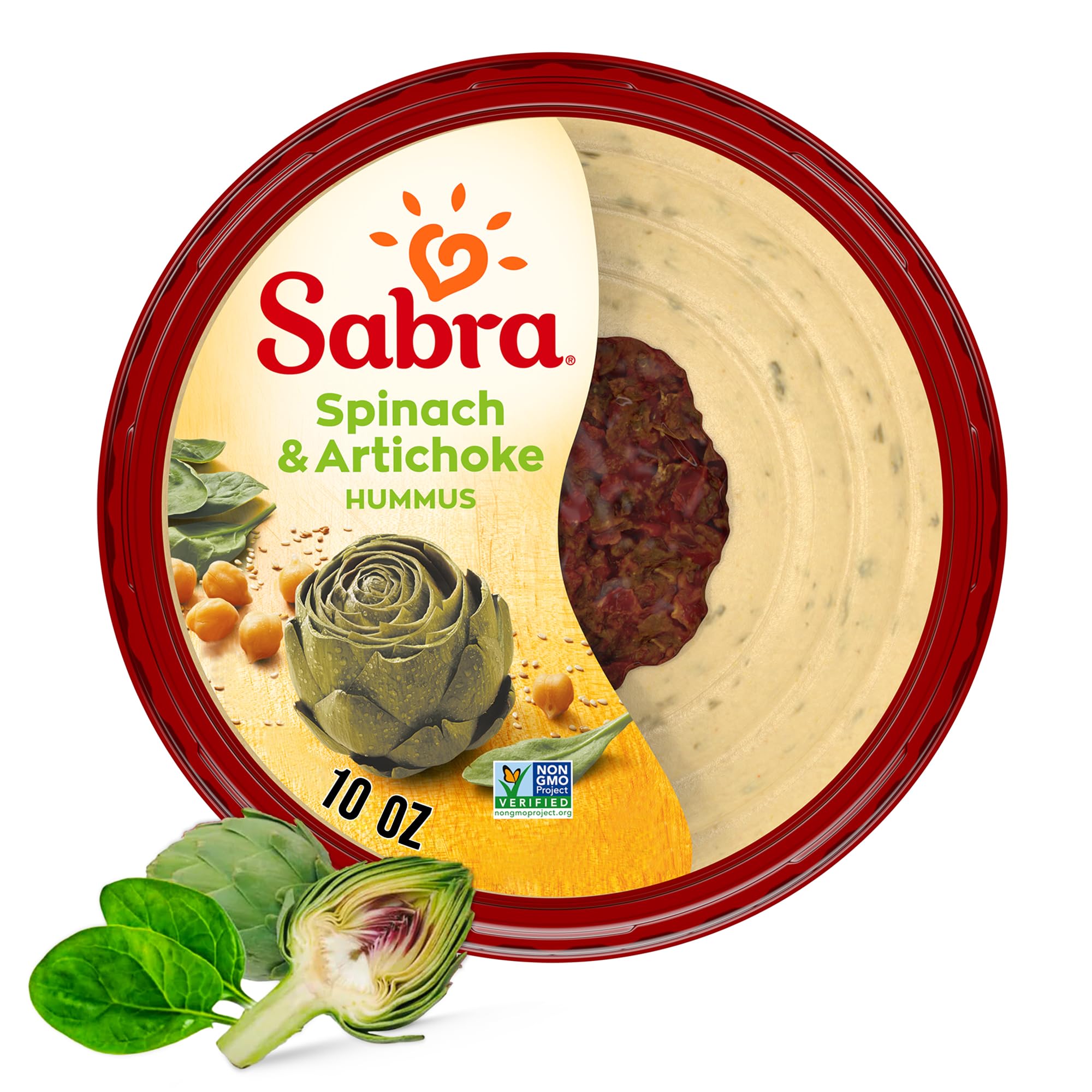 Sabra Hummus Dip with Spinach & Artichoke - 10 Oz | Vegan, Gluten-Free, Non-GMO Spread for Snacks, Lunches & Parties | Healthy Plant-Based Dip for Chips, Wraps & Veggie Platters