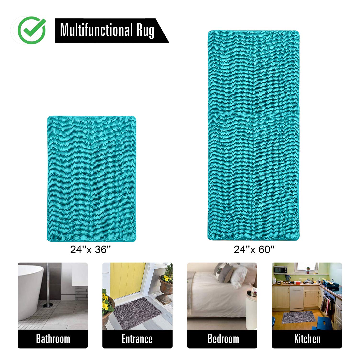 Premium Soft Chenille Bath Mat 24x60 Inch - Non-Slip, Absorbent & Machine Washable Shaggy Bathroom Rug for Shower & Vanity Area - Luxury Teal Blue Plush Carpet - Perfect for Master Bath, Guest Bath & Spa-Like Retreats