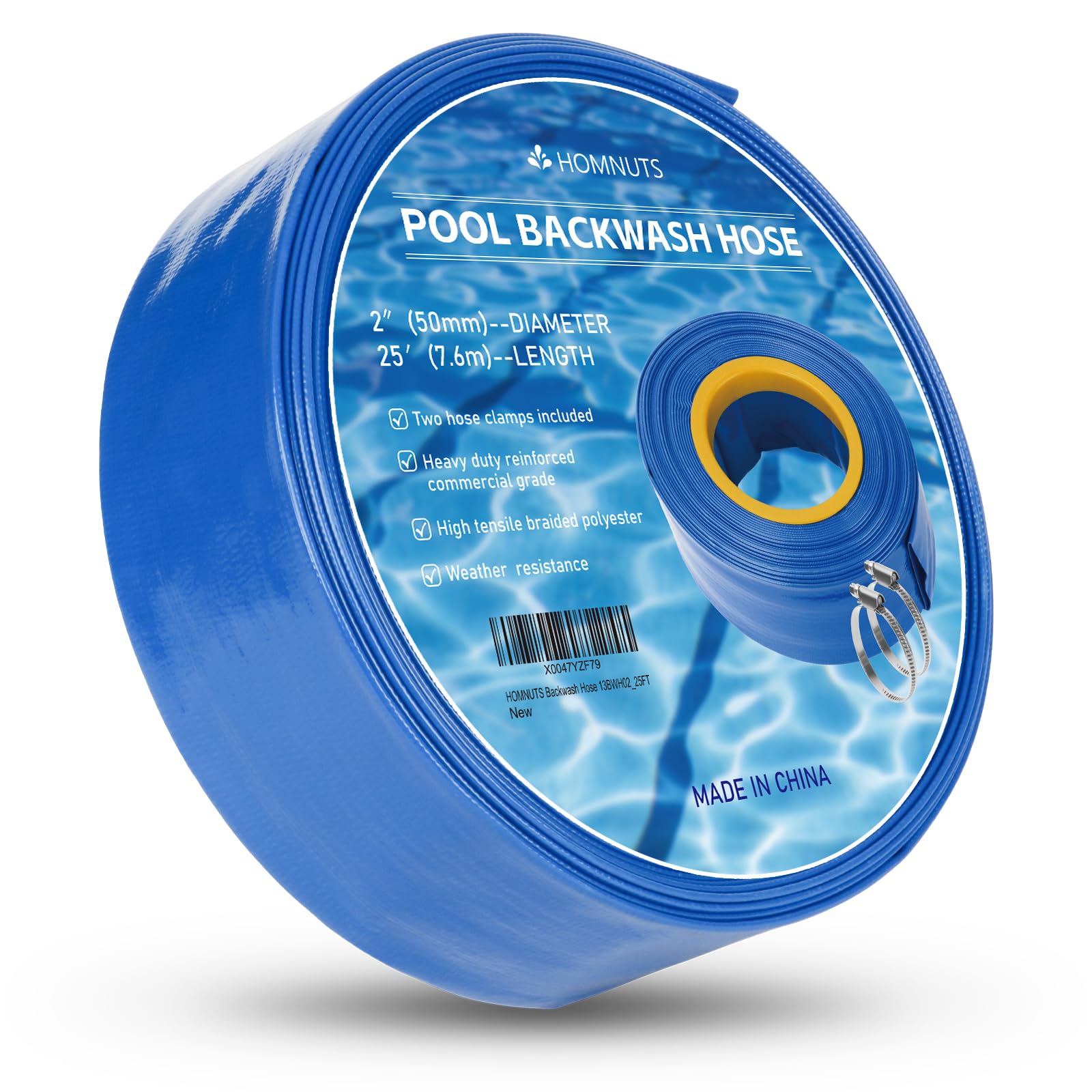 2 Inch x 25 Feet Blue Pool Backwash Hose with Stainless Steel Clamps - Durable Swimming Pool Cleaning Pipe for Water Transfer, Garden Irrigation & Maintenance