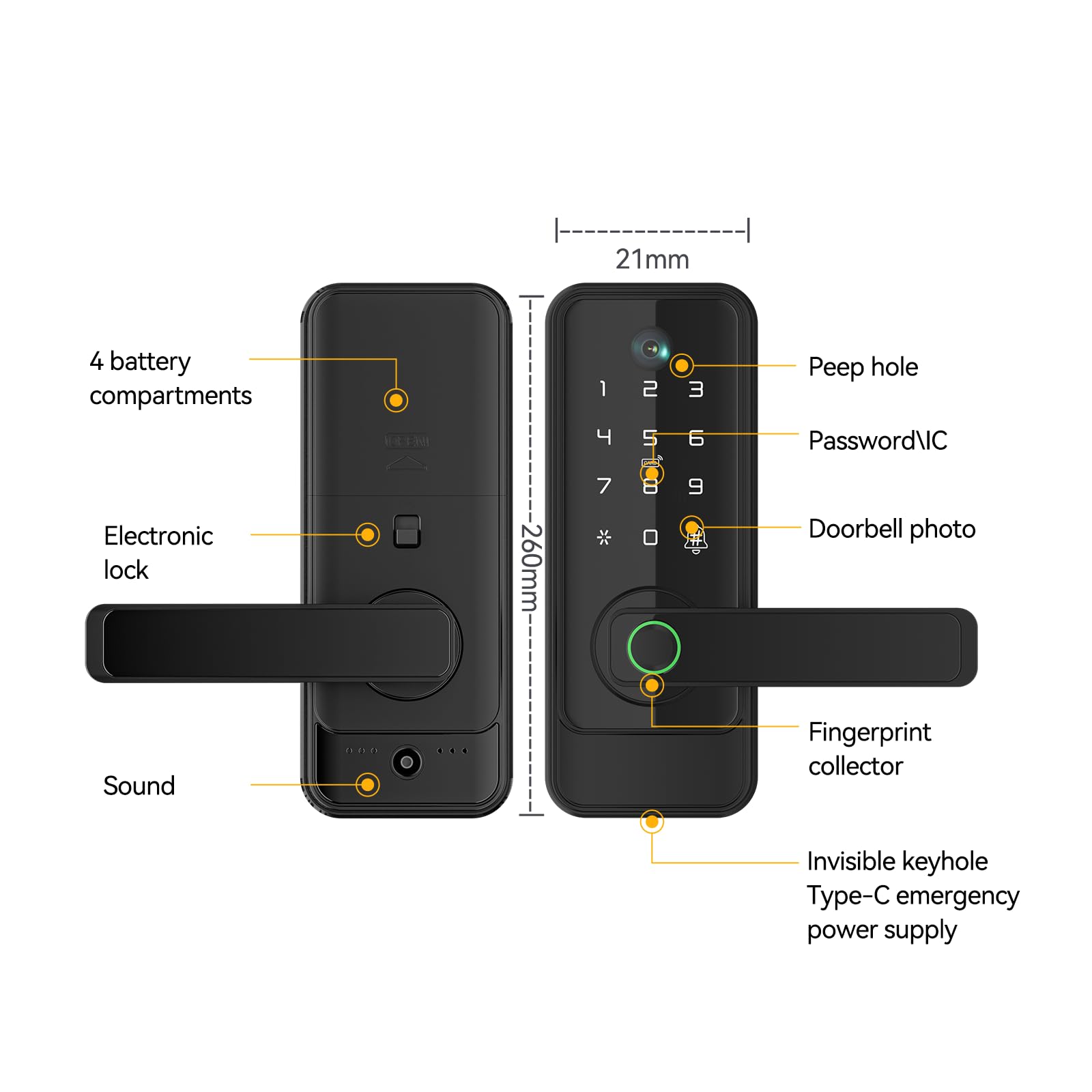 Smart Door Lock with Peep Hole Ring Doorbell Camera - Fingerprint, Password, Key, IC Card/NFC & WiFi Unlocking - Aluminum Alloy Deadbolt for Home, Hotel & Apartment Doors (Black) | Secure Entry for Front Doors, Rental Properties & Smart Homes