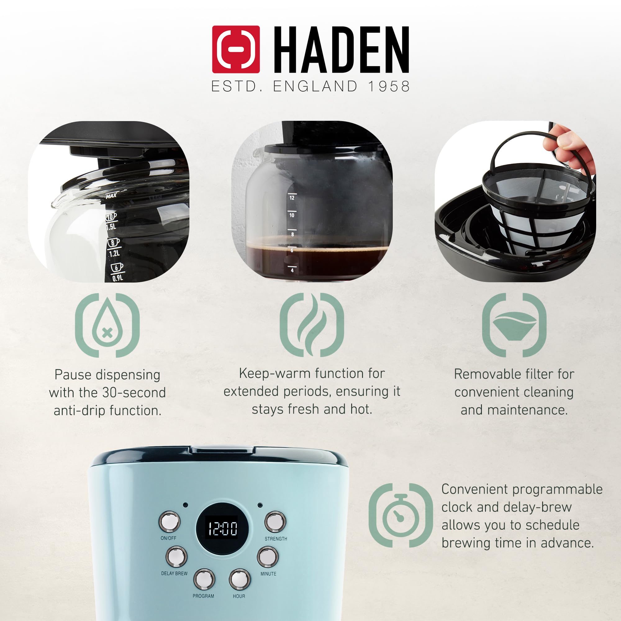 HADEN 12 Cup Drip Coffee Maker with 1.7L Stainless Steel Electric Kettle Set - Turquoise & Chrome - Perfect for Home, Office & Kitchen Use