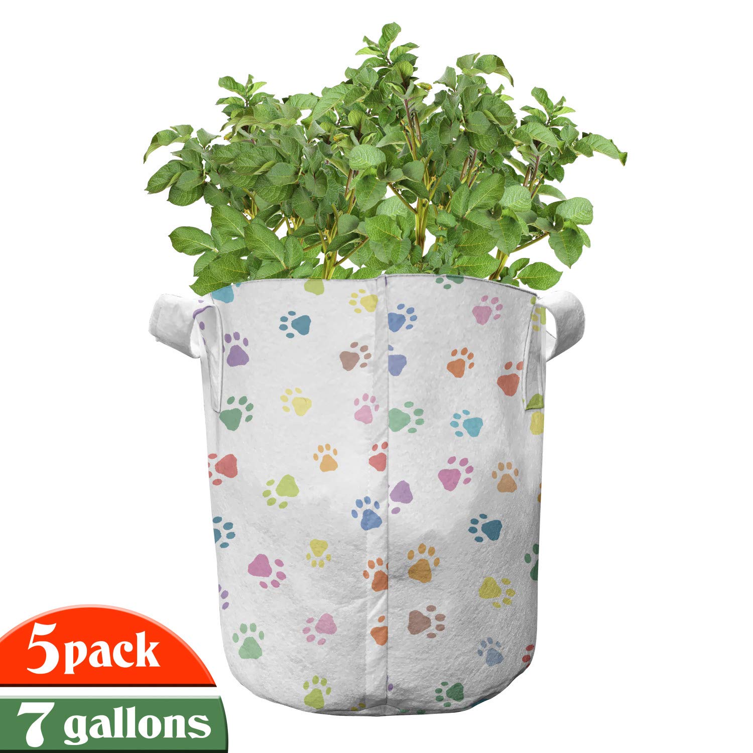 Ambesonne 5-Pack 7 Gallon Heavy Duty Fabric Grow Bags with Handles - Cat Paw Print Design for Indoor/Outdoor Plants, Flowers, Vegetables - Durable Plant Pots for Gardening, Balcony & Patio Decor