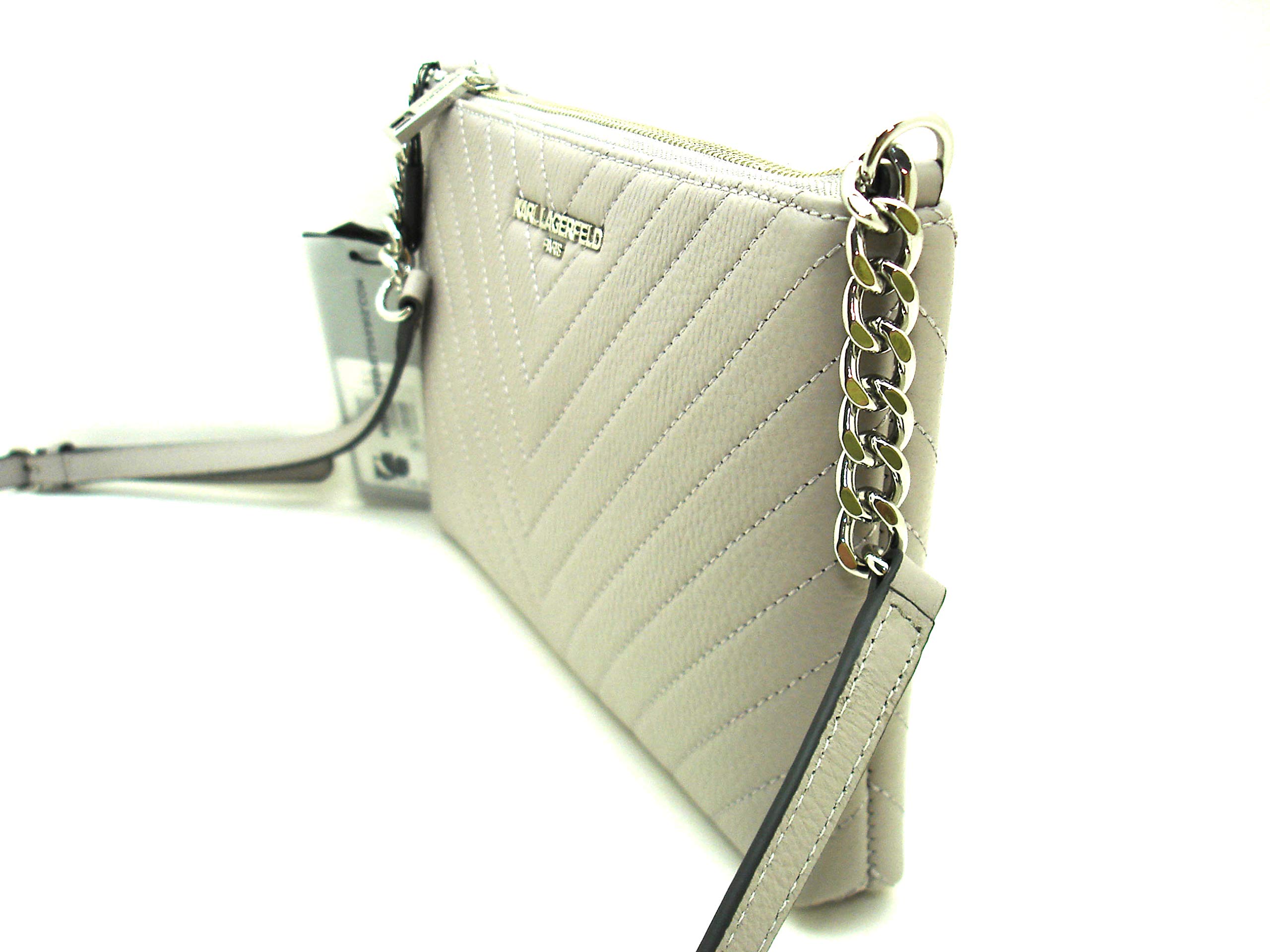 Karl Lagerfeld Paris Charlotte Small Pebbled Leather Crossbody Bag - Light Grey/Silver | Fashionable & Elegant for Women | Perfect for Work, Travel & Evening Out